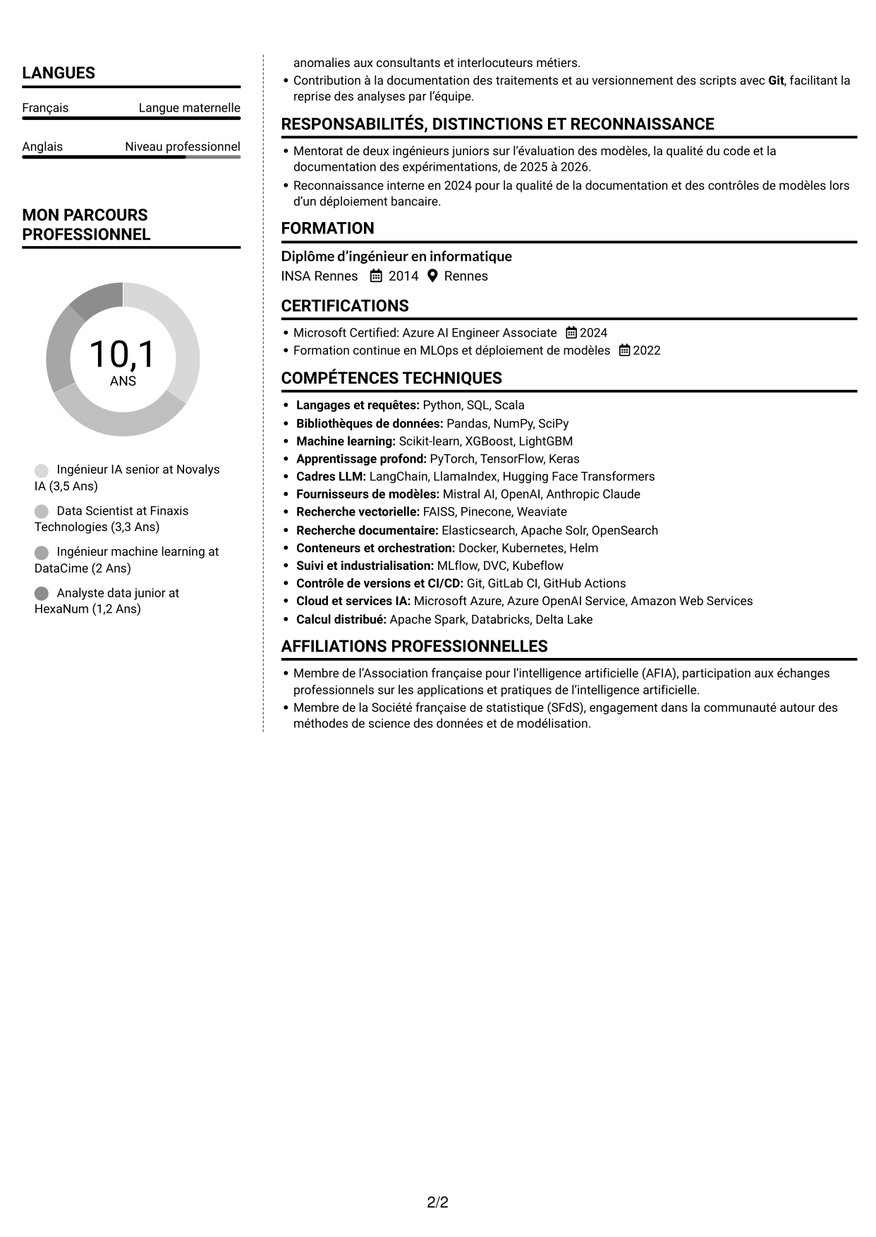 CV Moderne (format à deux colonnes avec photo à gauche et séparateur) : Ingénieur IA confirmé - IA générative et LLM, page 2