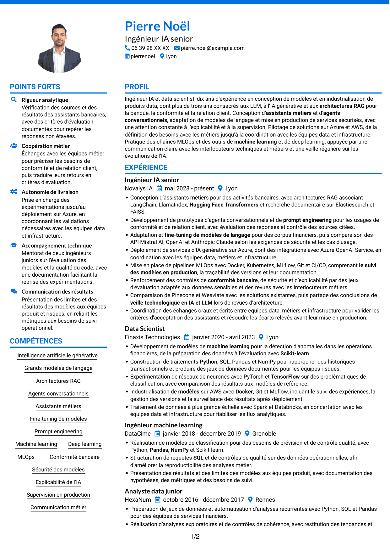 CV Audacieux (format à deux colonnes avec accents colorés et photo) : Ingénieur IA confirmé - IA générative et LLM, page 1