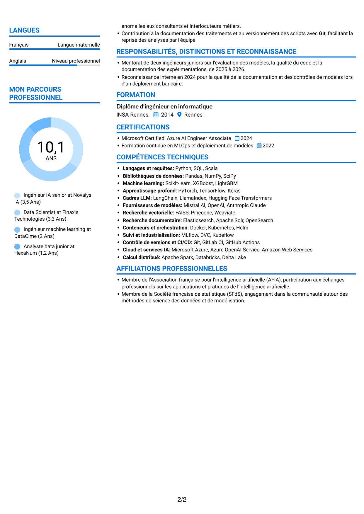 CV Audacieux (format à deux colonnes avec accents colorés et photo) : Ingénieur IA confirmé - IA générative et LLM, page 2