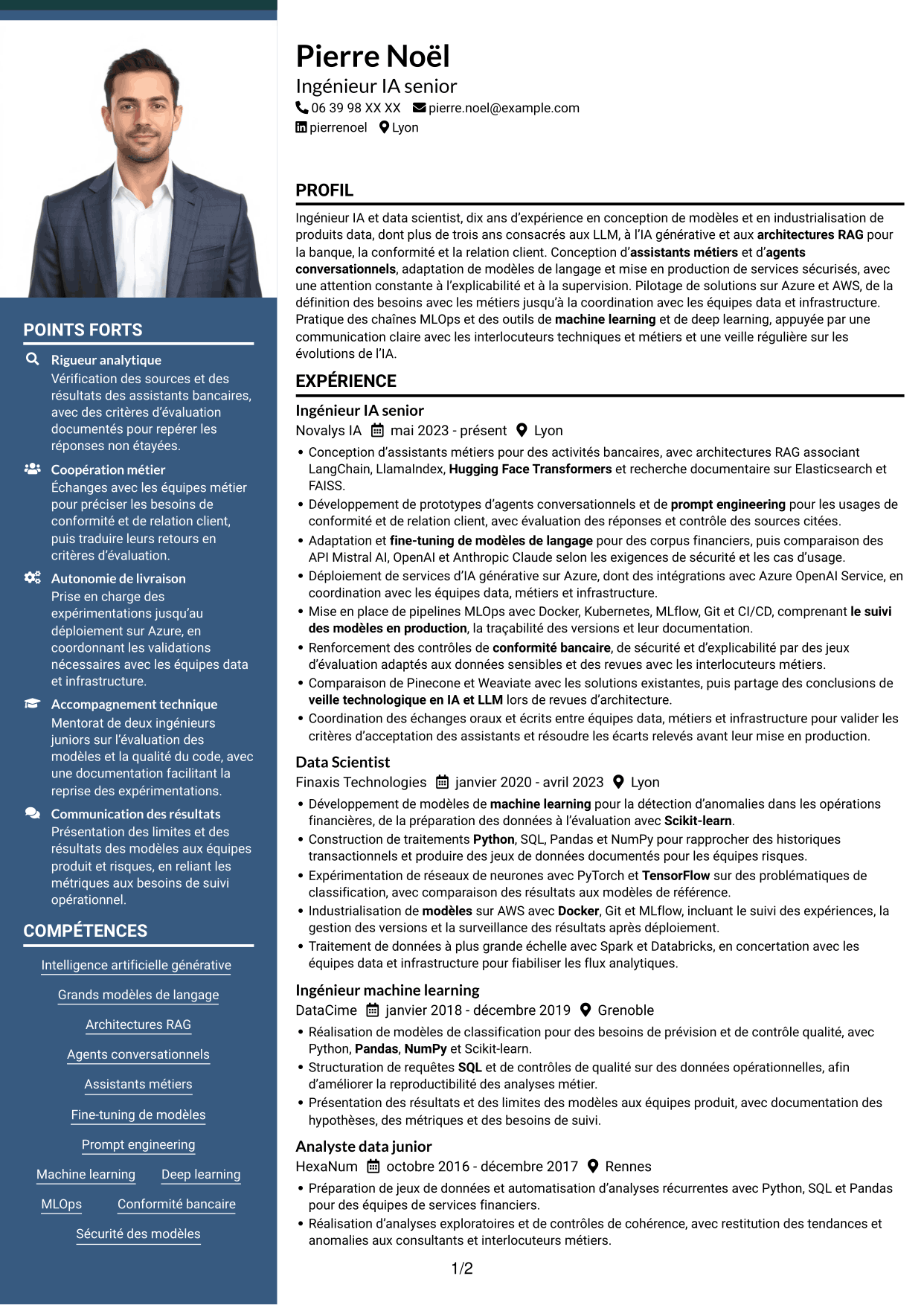 CV Signature (format à colonne latérale colorée avec grande photo) : Ingénieur IA confirmé - IA générative et LLM, page 1