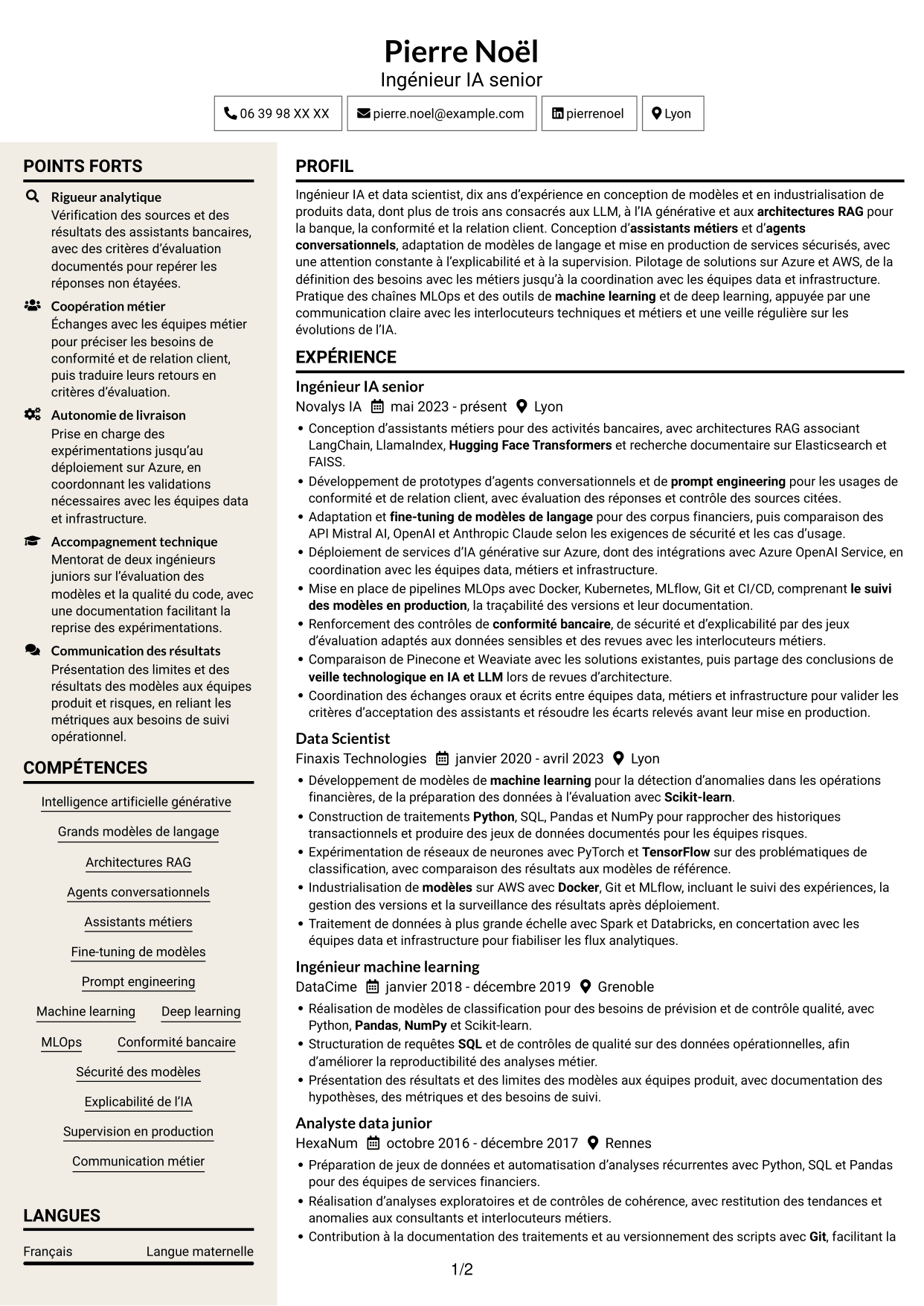 CV Fonceur (format à deux colonnes avec en-tête centré sans photo) : Ingénieur IA confirmé - IA générative et LLM, page 1
