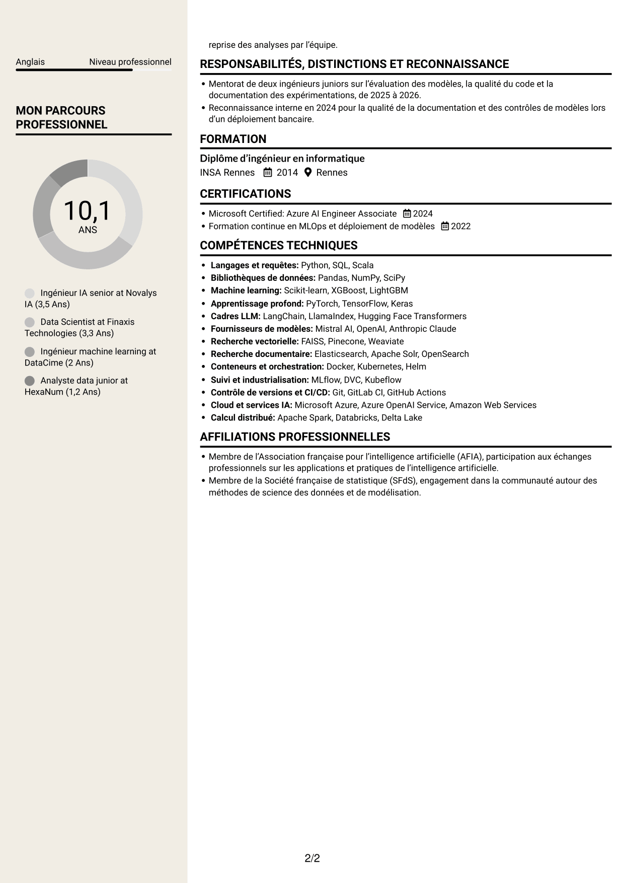 CV Fonceur (format à deux colonnes avec en-tête centré sans photo) : Ingénieur IA confirmé - IA générative et LLM, page 2