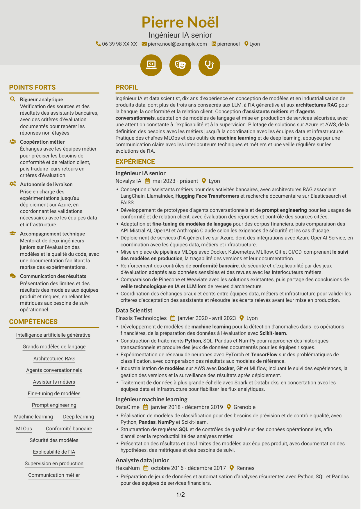 CV Dynamique (format à deux colonnes avec icônes) : Ingénieur IA confirmé - IA générative et LLM, page 1
