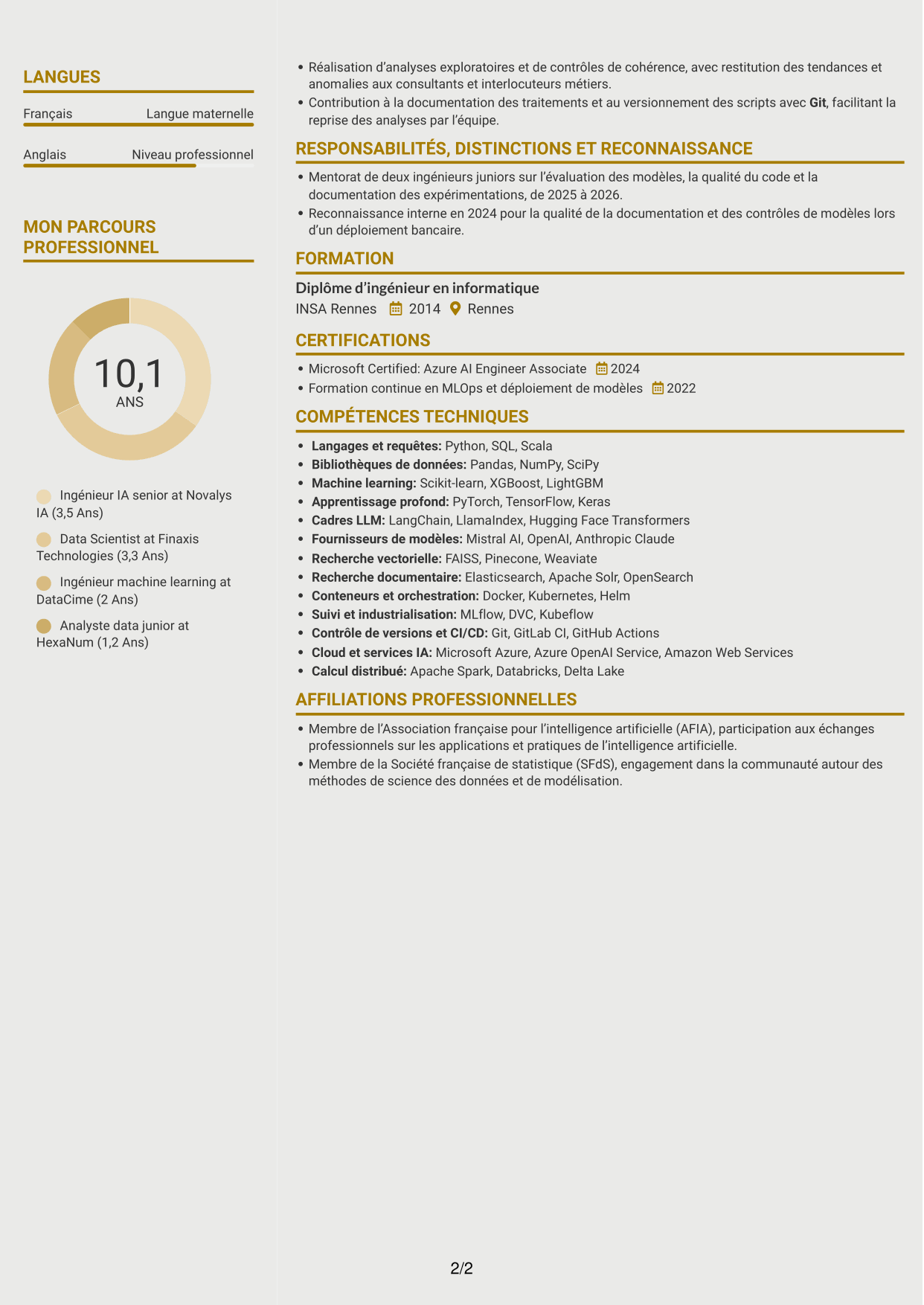 CV Dynamique (format à deux colonnes avec icônes) : Ingénieur IA confirmé - IA générative et LLM, page 2