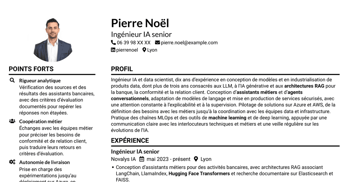 7 modèles de CV pour Ingénieur IA confirmé - IA générative et LLM, avec exemples