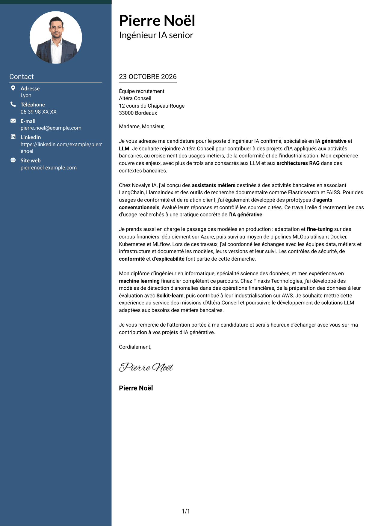 Lettre de motivation Élégant (format à colonne latérale colorée avec photo) : Ingénieur IA confirmé - IA générative et LLM, page 1
