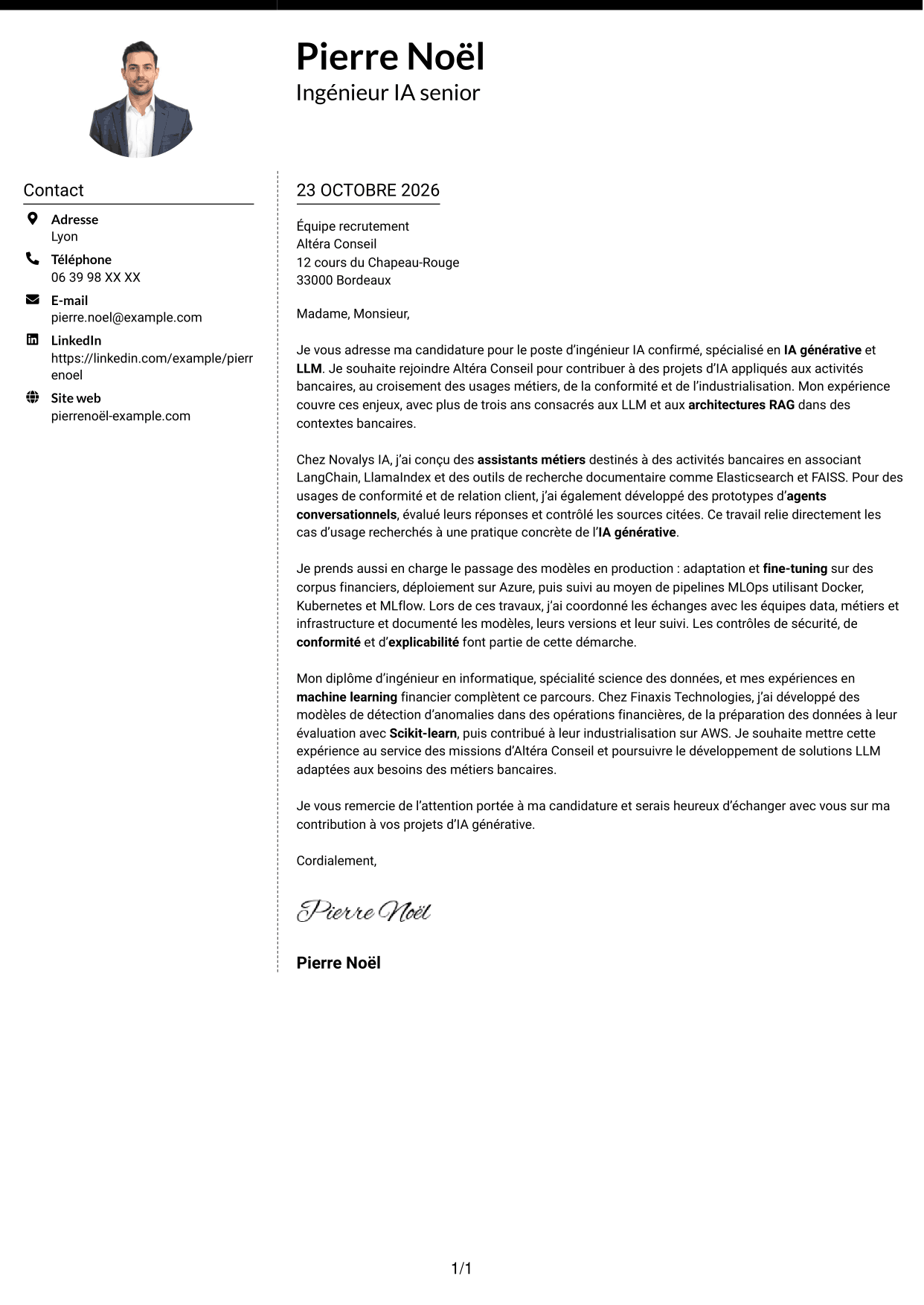 Lettre de motivation Moderne (format à deux colonnes avec photo à gauche et séparateur) : Ingénieur IA confirmé - IA générative et LLM, page 1