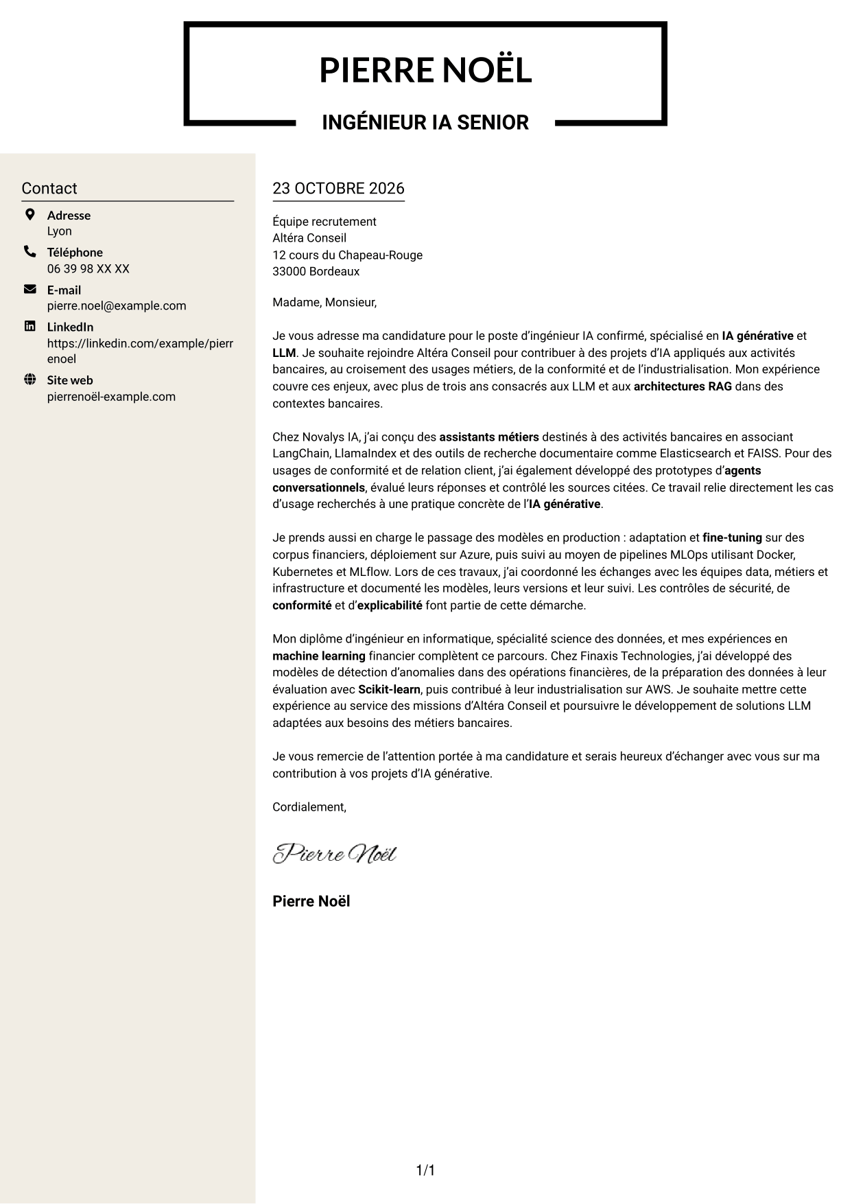 Lettre de motivation Fonceur (format à deux colonnes avec en-tête centré sans photo) : Ingénieur IA confirmé - IA générative et LLM, page 1