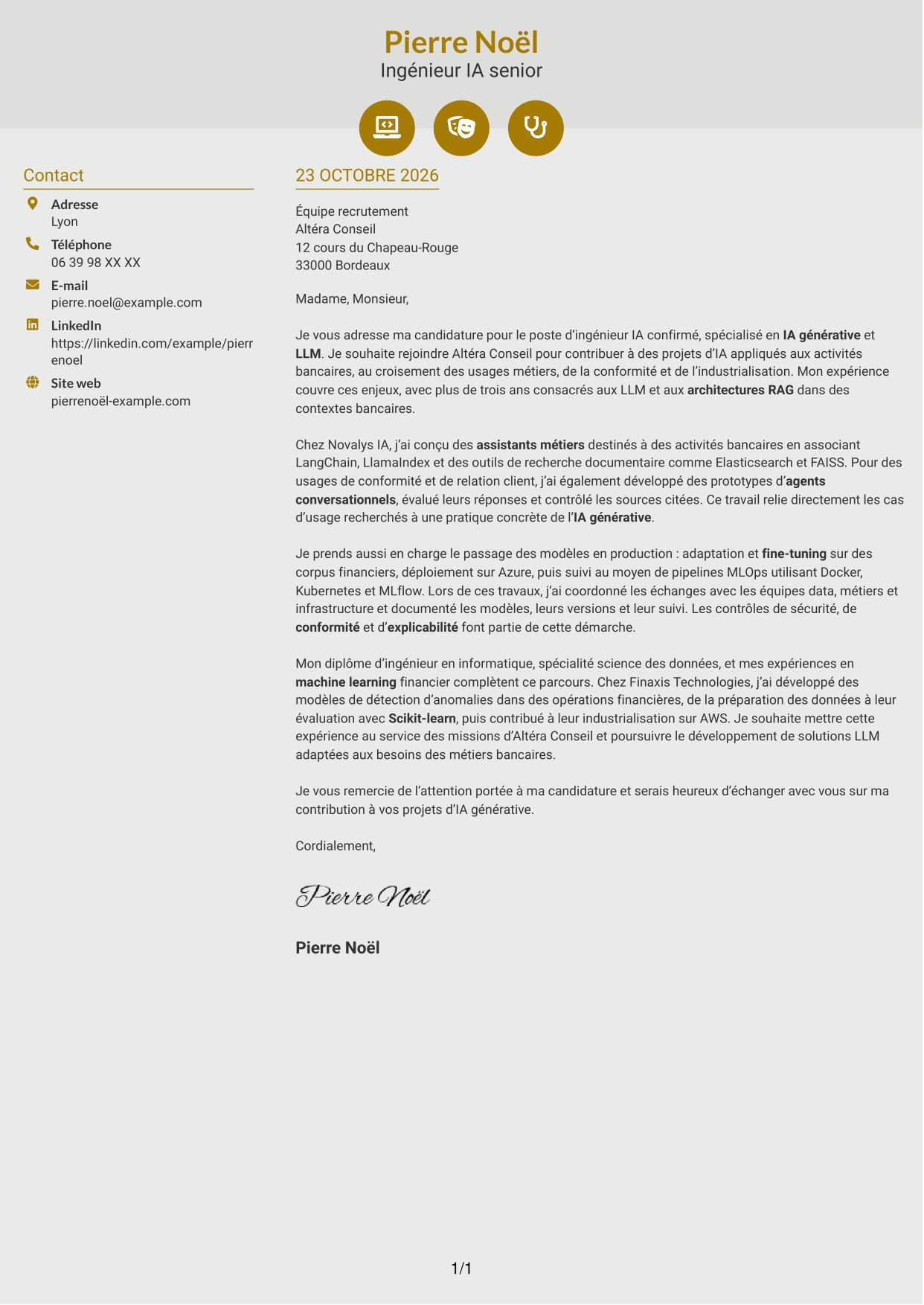 Lettre de motivation Dynamique (format à deux colonnes avec icônes) : Ingénieur IA confirmé - IA générative et LLM, page 1