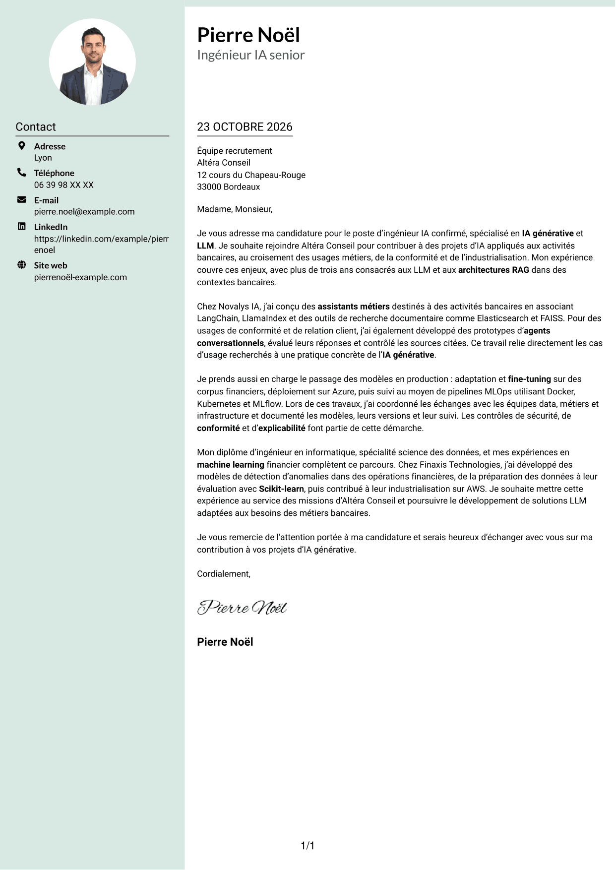 Lettre de motivation Cadre (format à colonne latérale douce avec photo arrondie) : Ingénieur IA confirmé - IA générative et LLM, page 1