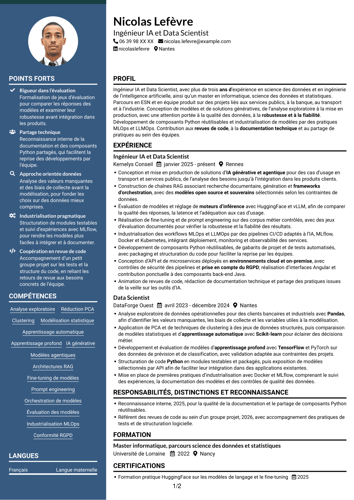 CV Élégant (format à colonne latérale colorée avec photo) : Ingénieur IA - Data Scientist, page 1