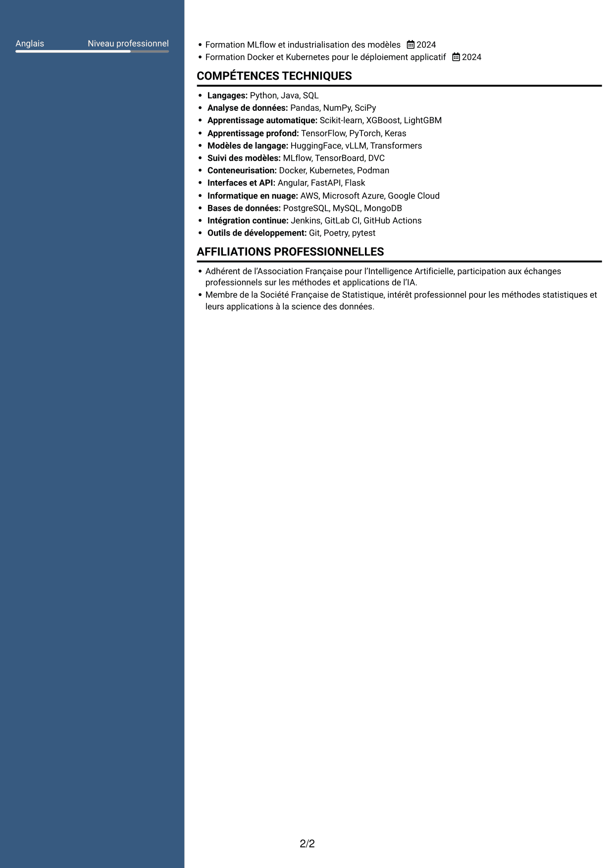 CV Élégant (format à colonne latérale colorée avec photo) : Ingénieur IA - Data Scientist, page 2