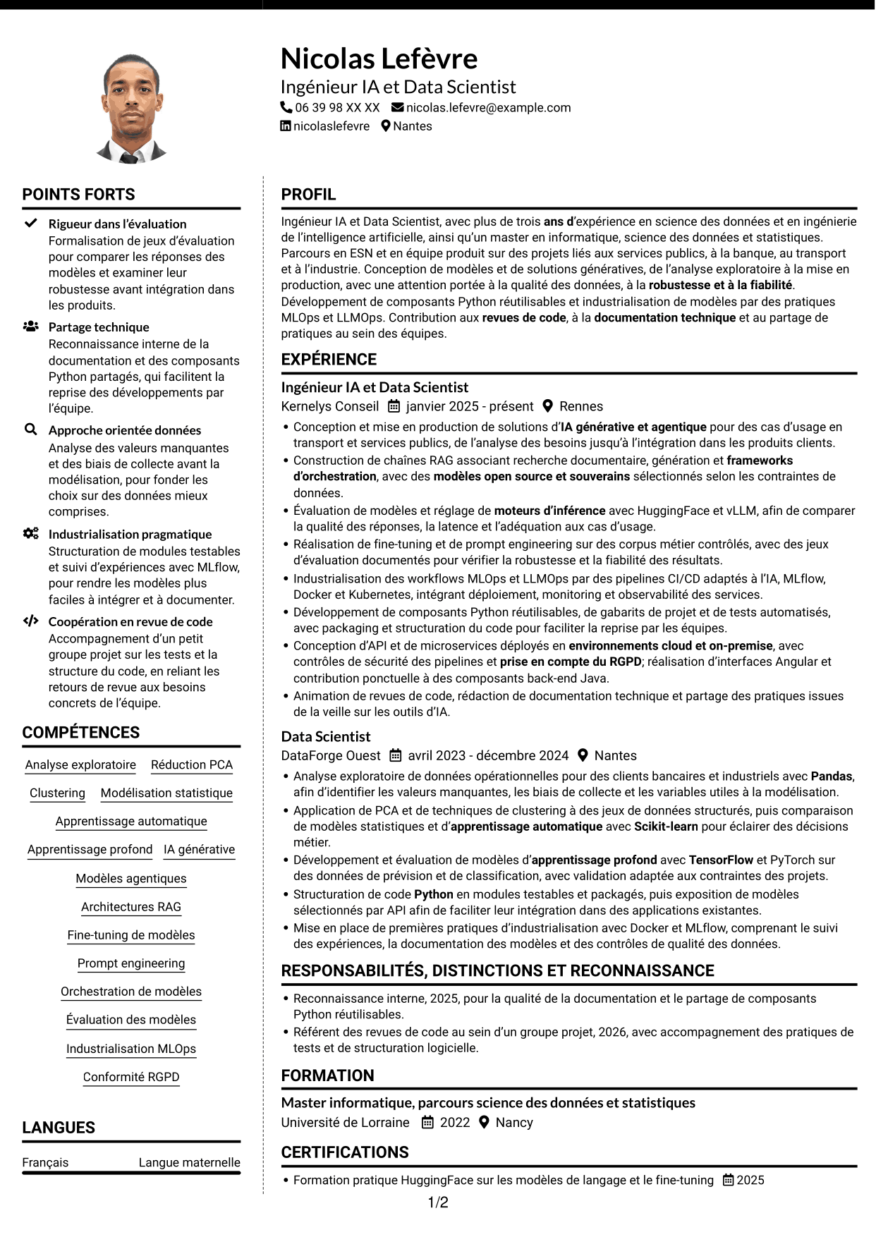 CV Moderne (format à deux colonnes avec photo à gauche et séparateur) : Ingénieur IA - Data Scientist, page 1