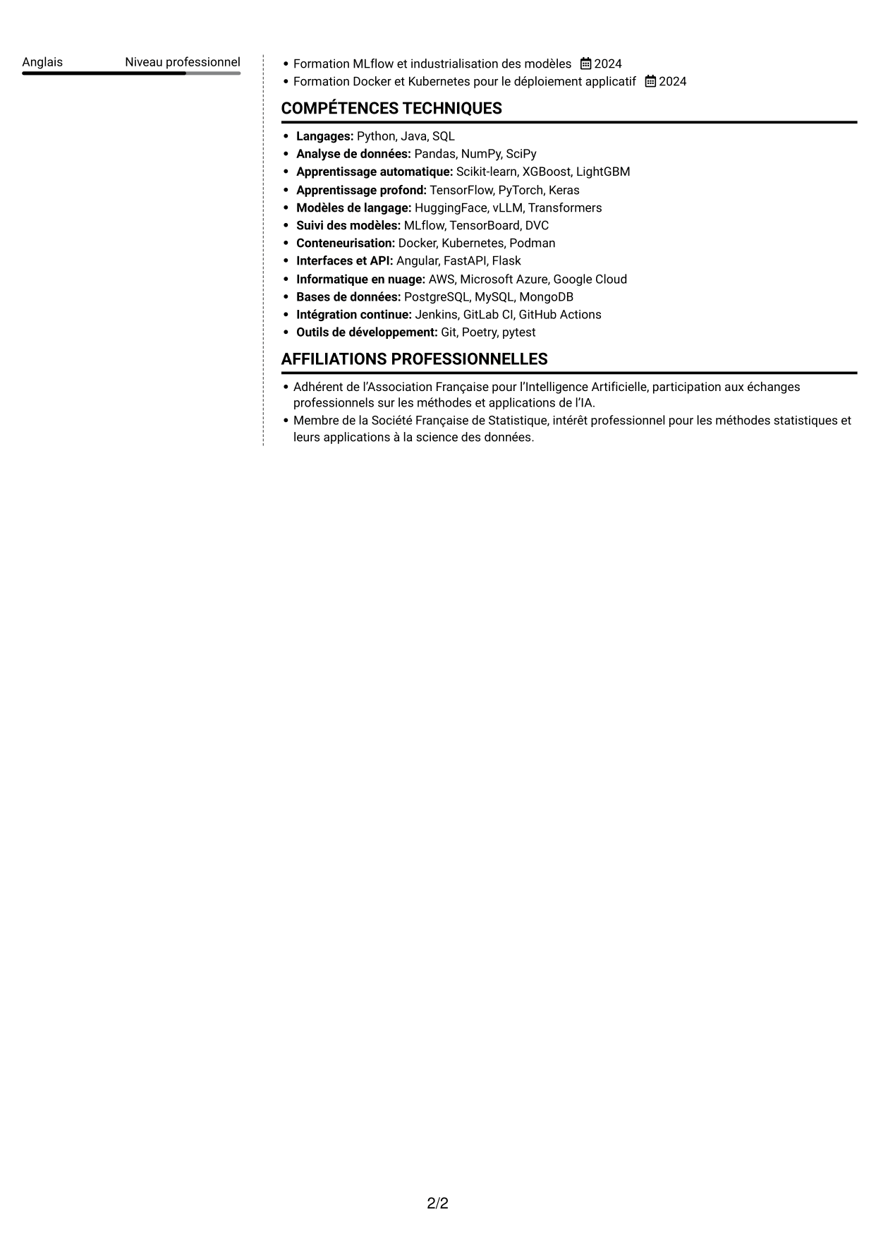 CV Moderne (format à deux colonnes avec photo à gauche et séparateur) : Ingénieur IA - Data Scientist, page 2