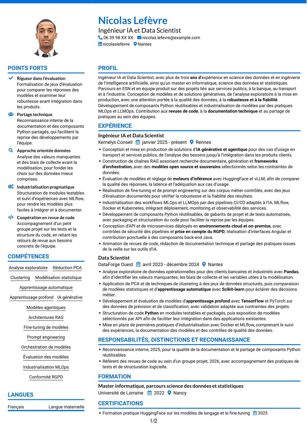 CV Audacieux (format à deux colonnes avec accents colorés et photo) : Ingénieur IA - Data Scientist, page 1
