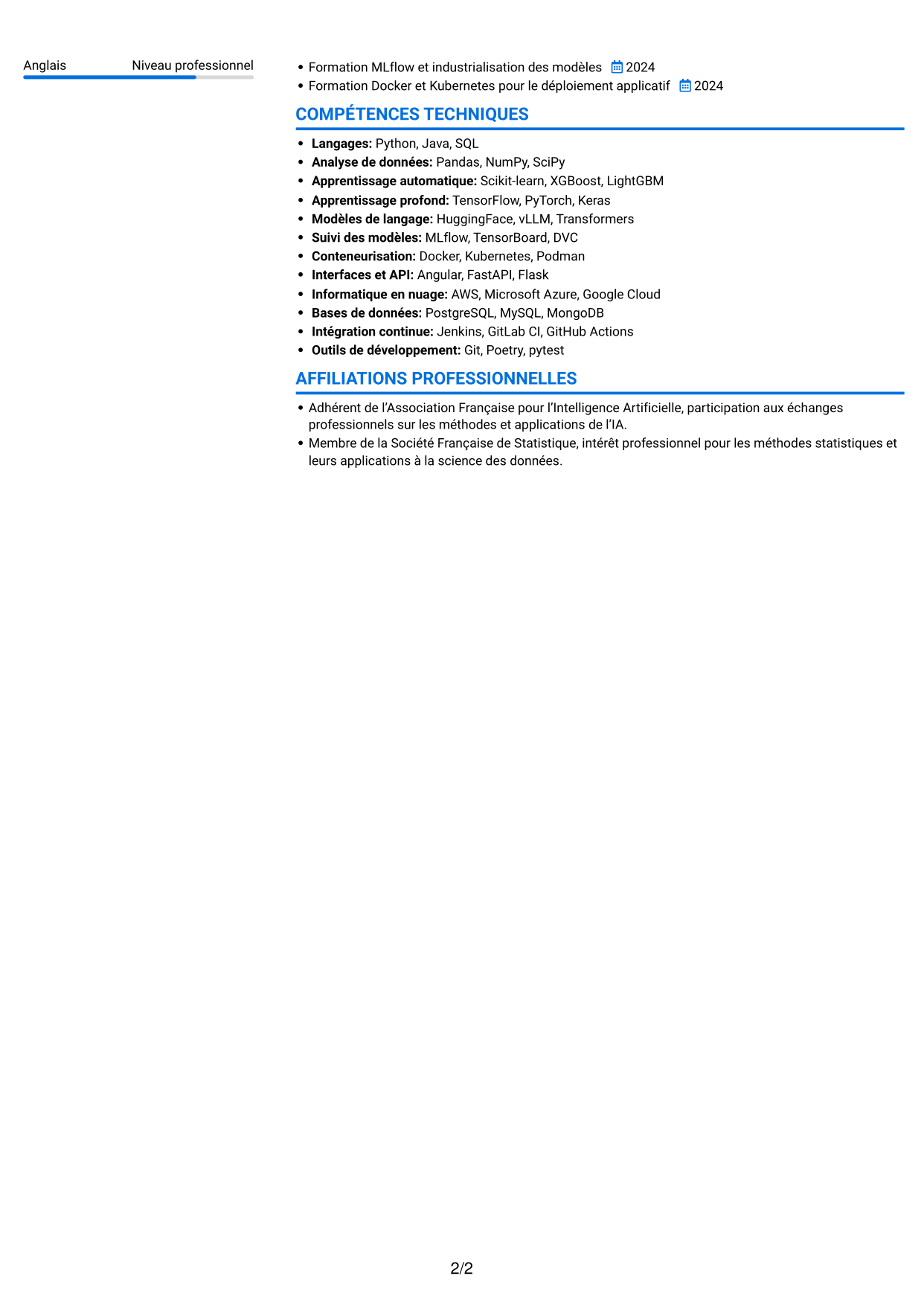 CV Audacieux (format à deux colonnes avec accents colorés et photo) : Ingénieur IA - Data Scientist, page 2