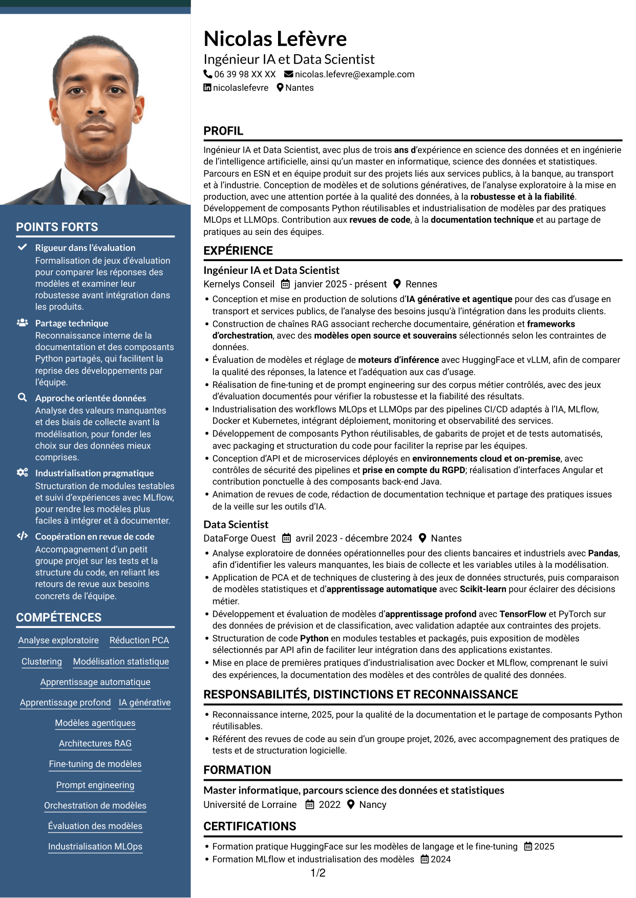 CV Signature (format à colonne latérale colorée avec grande photo) : Ingénieur IA - Data Scientist, page 1