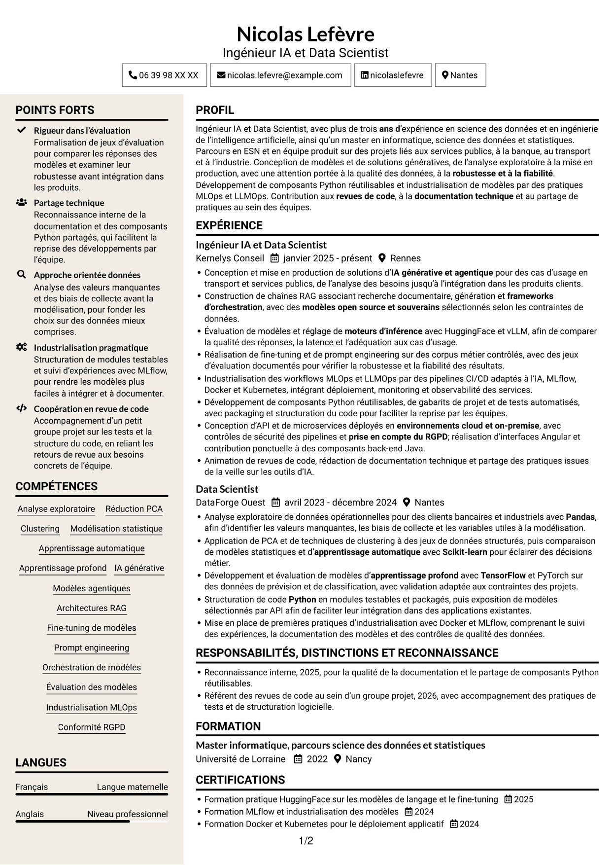 CV Fonceur (format à deux colonnes avec en-tête centré sans photo) : Ingénieur IA - Data Scientist, page 1