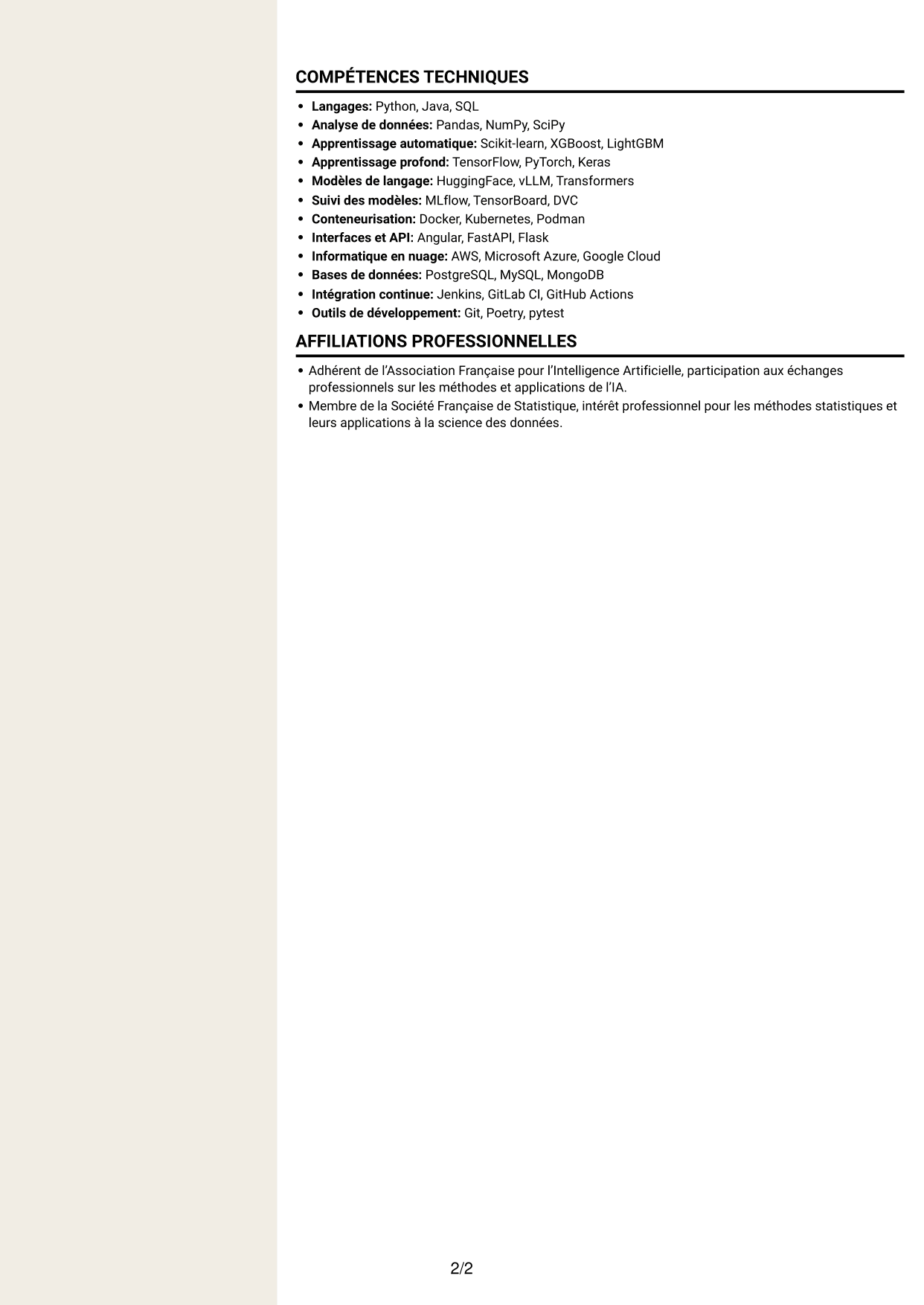 CV Fonceur (format à deux colonnes avec en-tête centré sans photo) : Ingénieur IA - Data Scientist, page 2