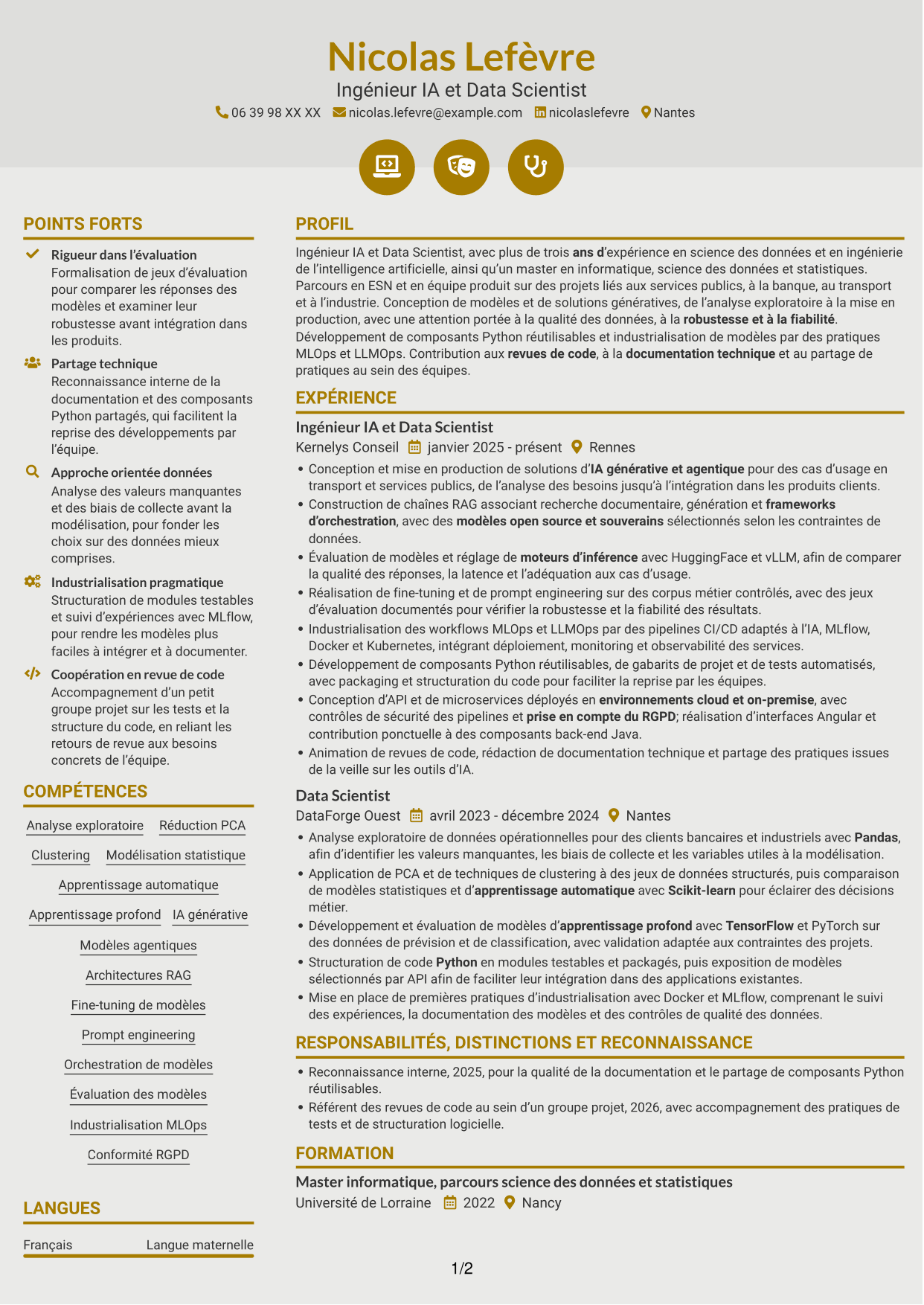 CV Dynamique (format à deux colonnes avec icônes) : Ingénieur IA - Data Scientist, page 1