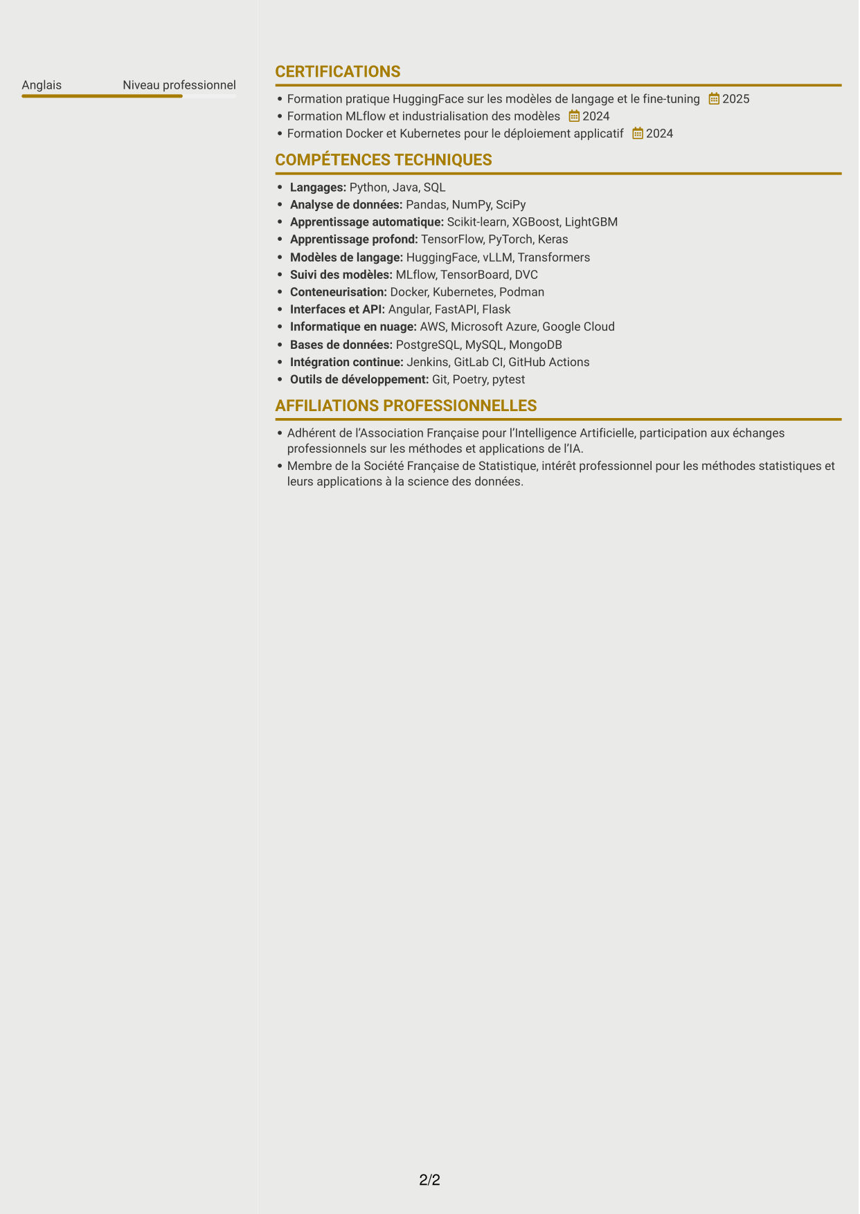 CV Dynamique (format à deux colonnes avec icônes) : Ingénieur IA - Data Scientist, page 2
