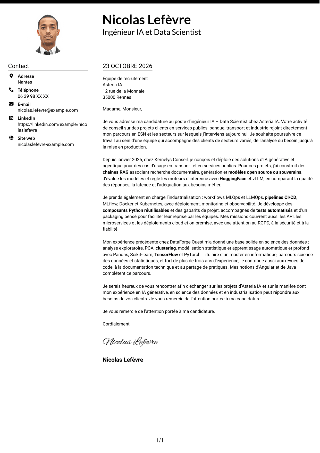 Lettre de motivation Moderne (format à deux colonnes avec photo à gauche et séparateur) : Ingénieur IA - Data Scientist, page 1