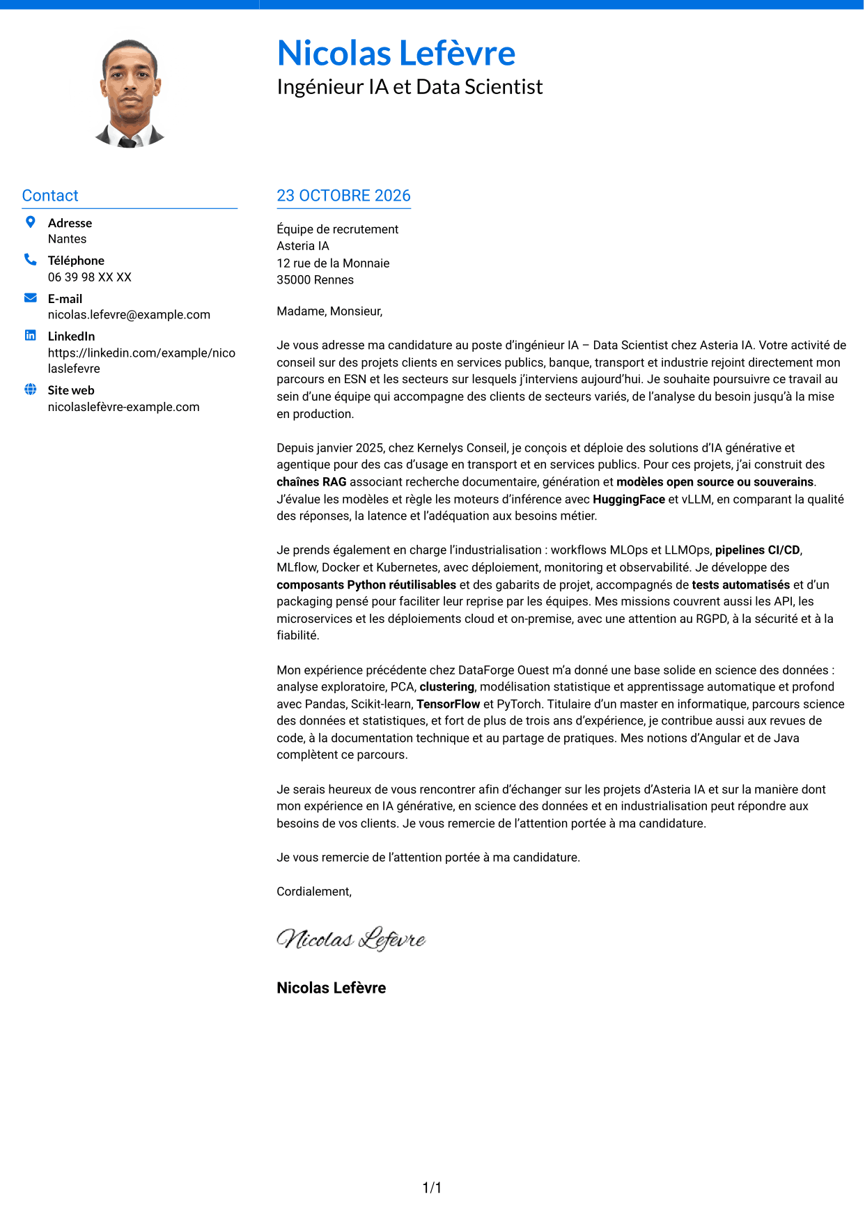 Lettre de motivation Audacieux (format à deux colonnes avec accents colorés et photo) : Ingénieur IA - Data Scientist, page 1