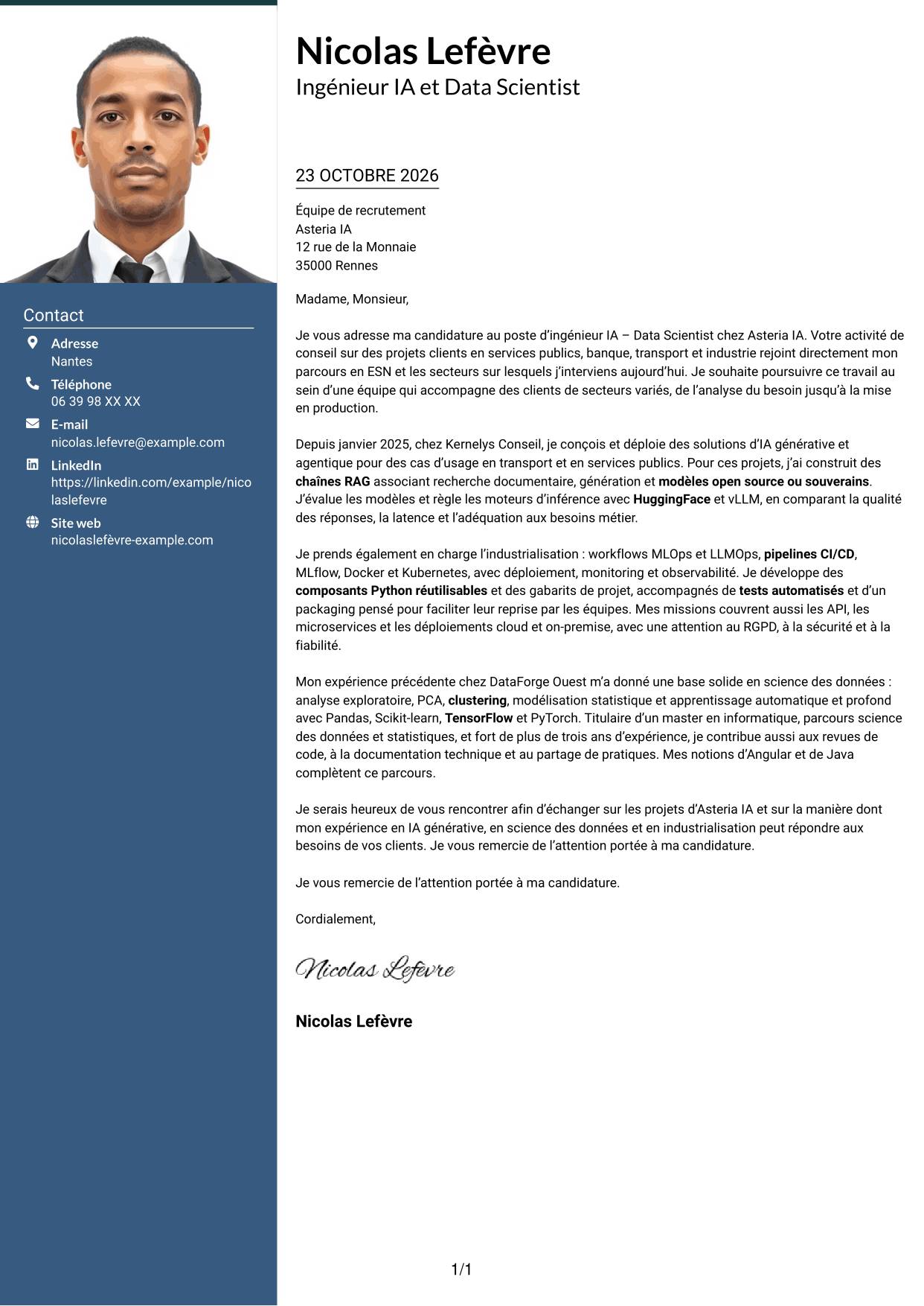 Lettre de motivation Signature (format à colonne latérale colorée avec grande photo) : Ingénieur IA - Data Scientist, page 1