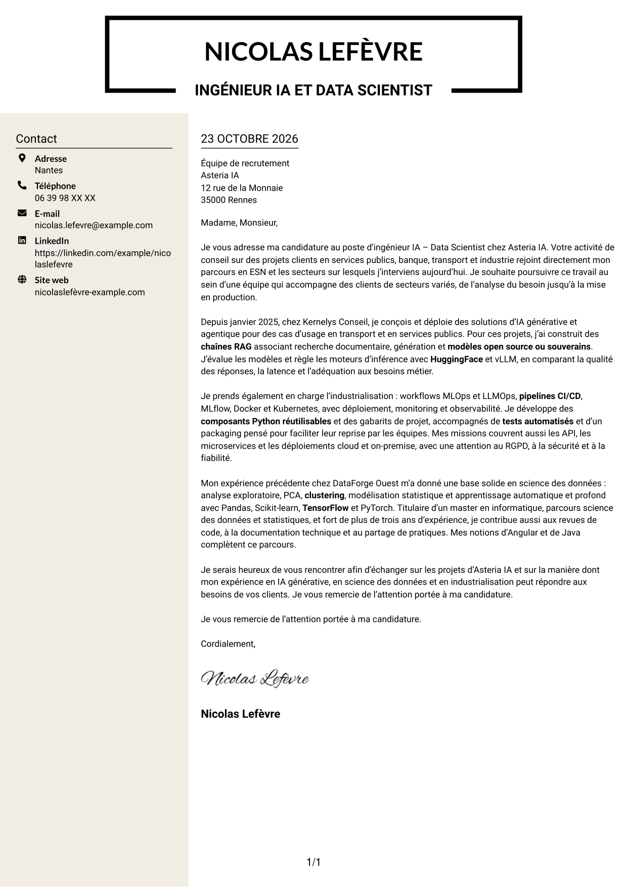 Lettre de motivation Fonceur (format à deux colonnes avec en-tête centré sans photo) : Ingénieur IA - Data Scientist, page 1