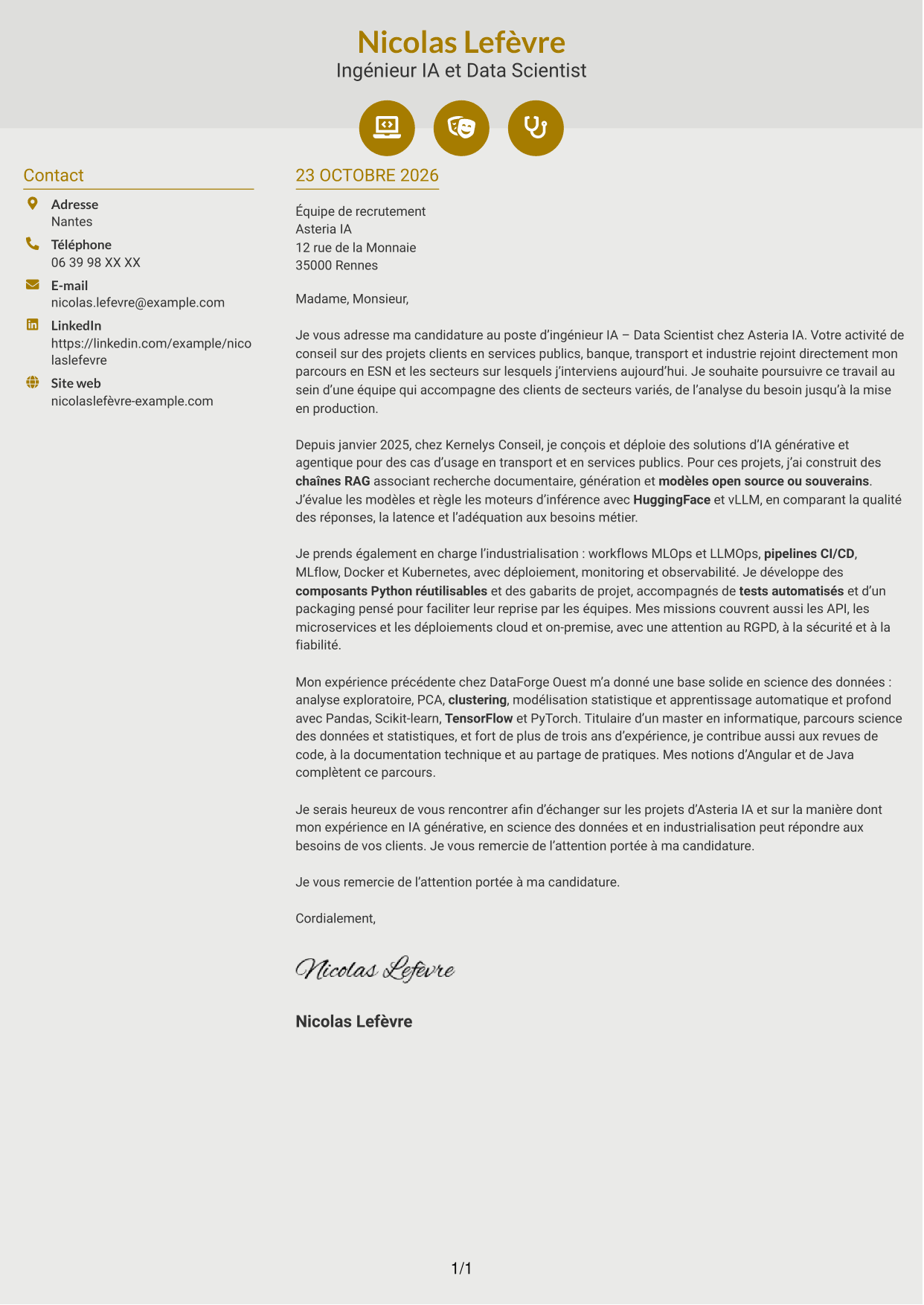 Lettre de motivation Dynamique (format à deux colonnes avec icônes) : Ingénieur IA - Data Scientist, page 1