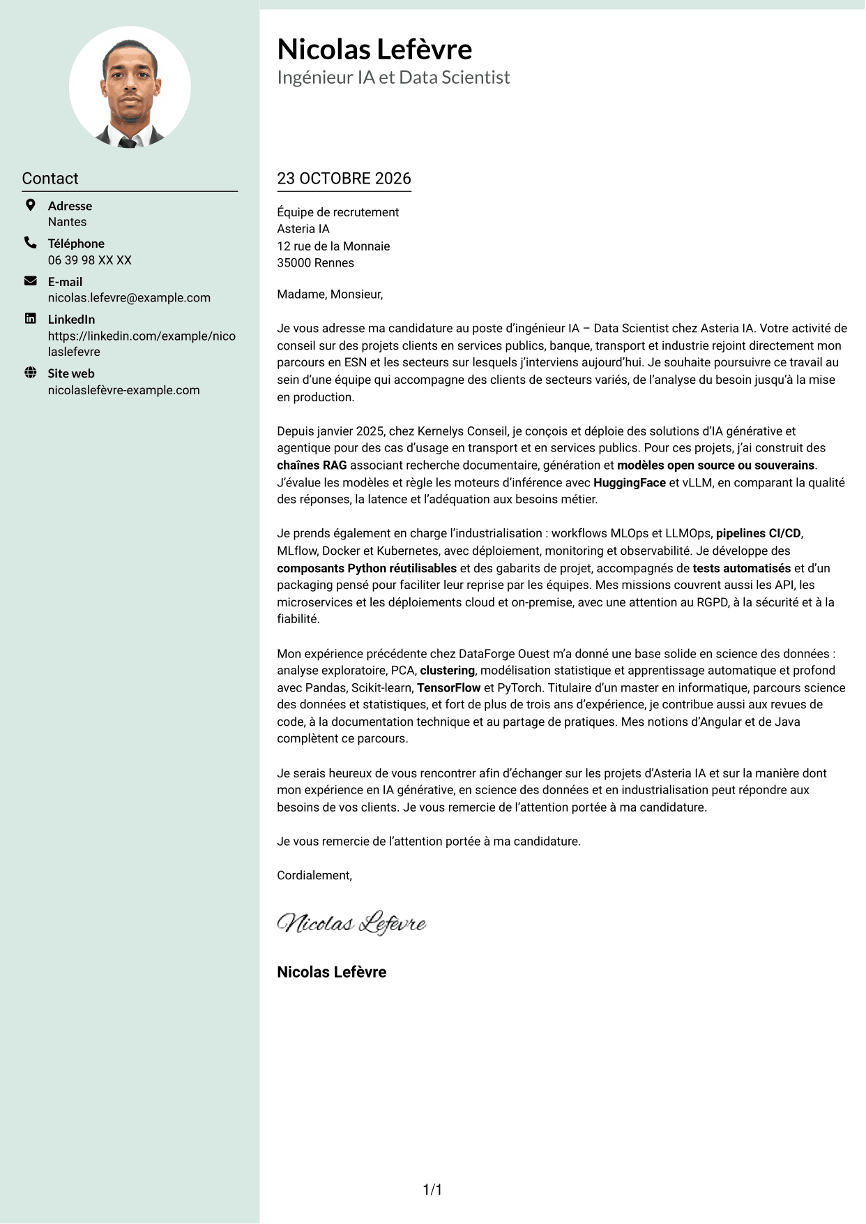 Lettre de motivation Cadre (format à colonne latérale douce avec photo arrondie) : Ingénieur IA - Data Scientist, page 1
