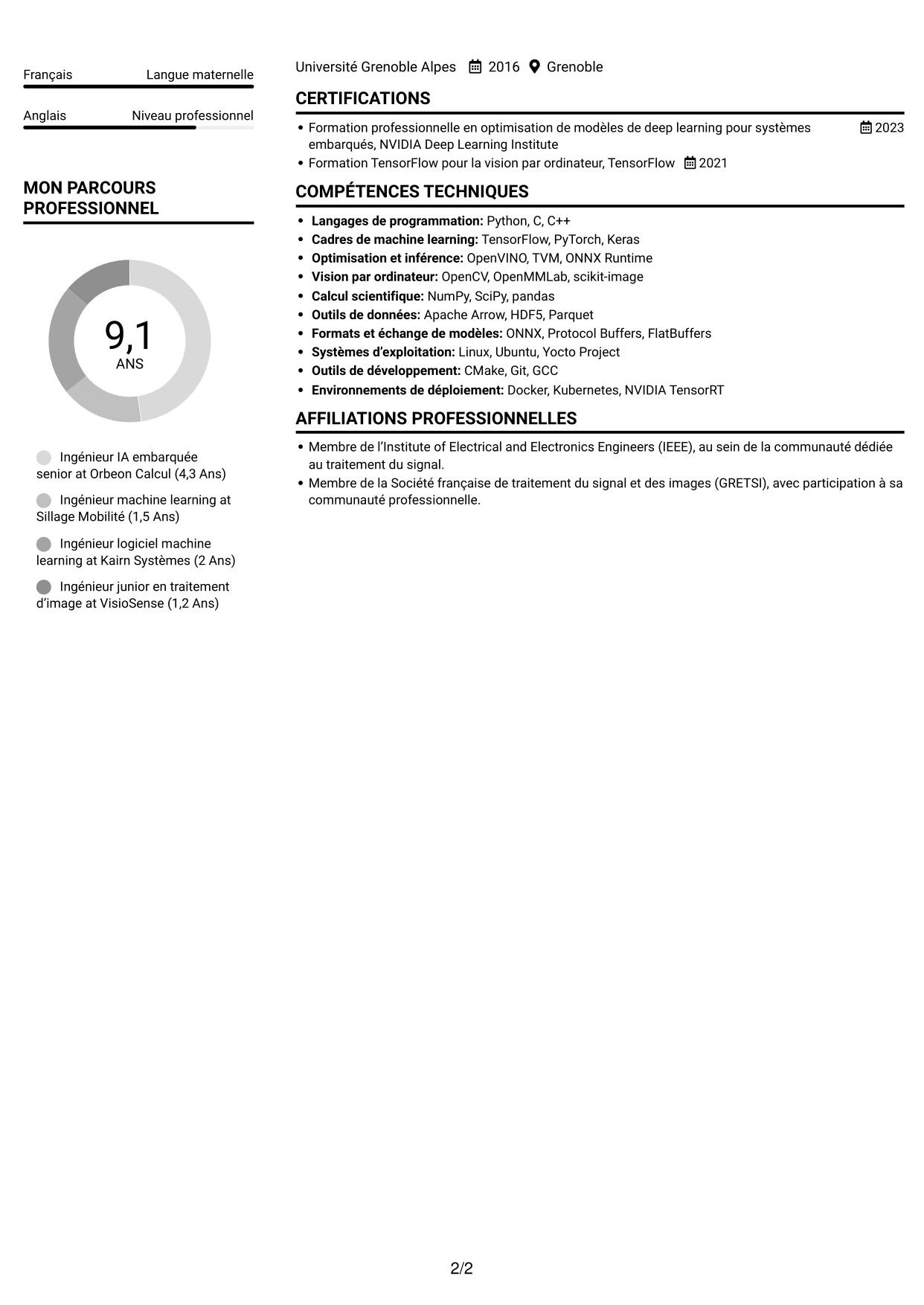 CV Compact (format sobre à deux colonnes avec photo) : Ingénieur IA embarquée, page 2