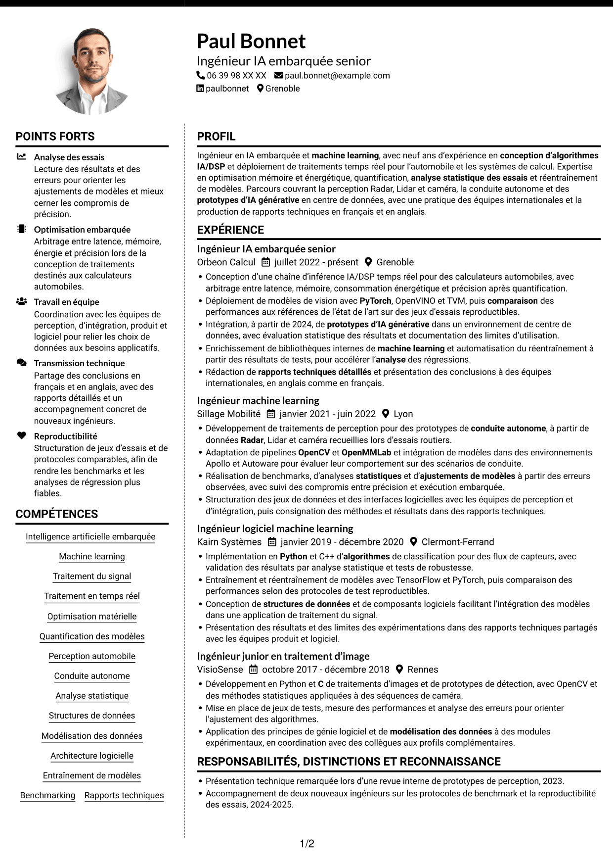 CV Moderne (format à deux colonnes avec photo à gauche et séparateur) : Ingénieur IA embarquée, page 1