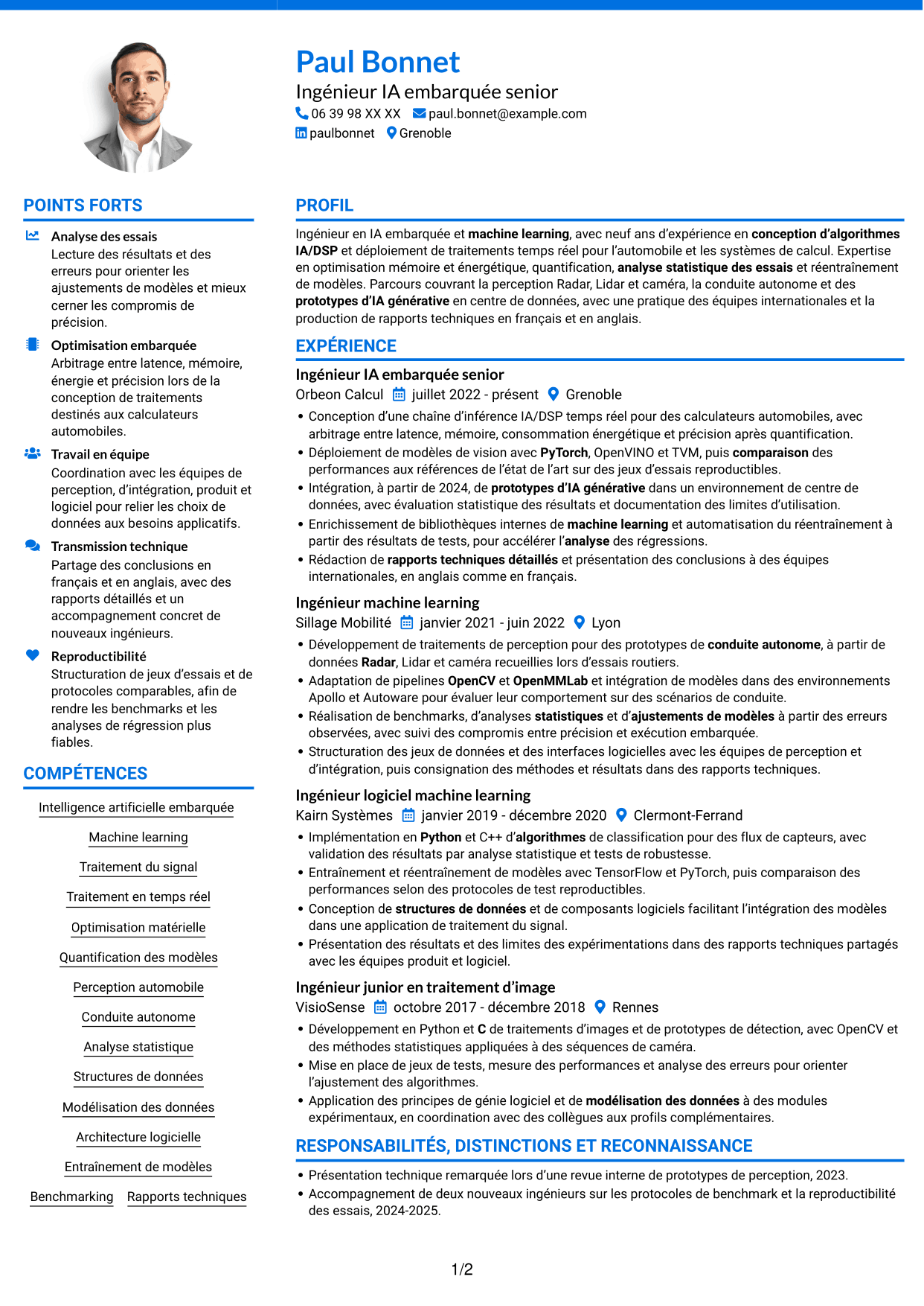 CV Audacieux (format à deux colonnes avec accents colorés et photo) : Ingénieur IA embarquée, page 1