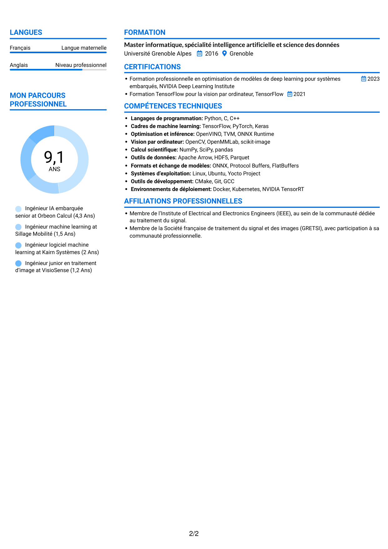 CV Audacieux (format à deux colonnes avec accents colorés et photo) : Ingénieur IA embarquée, page 2