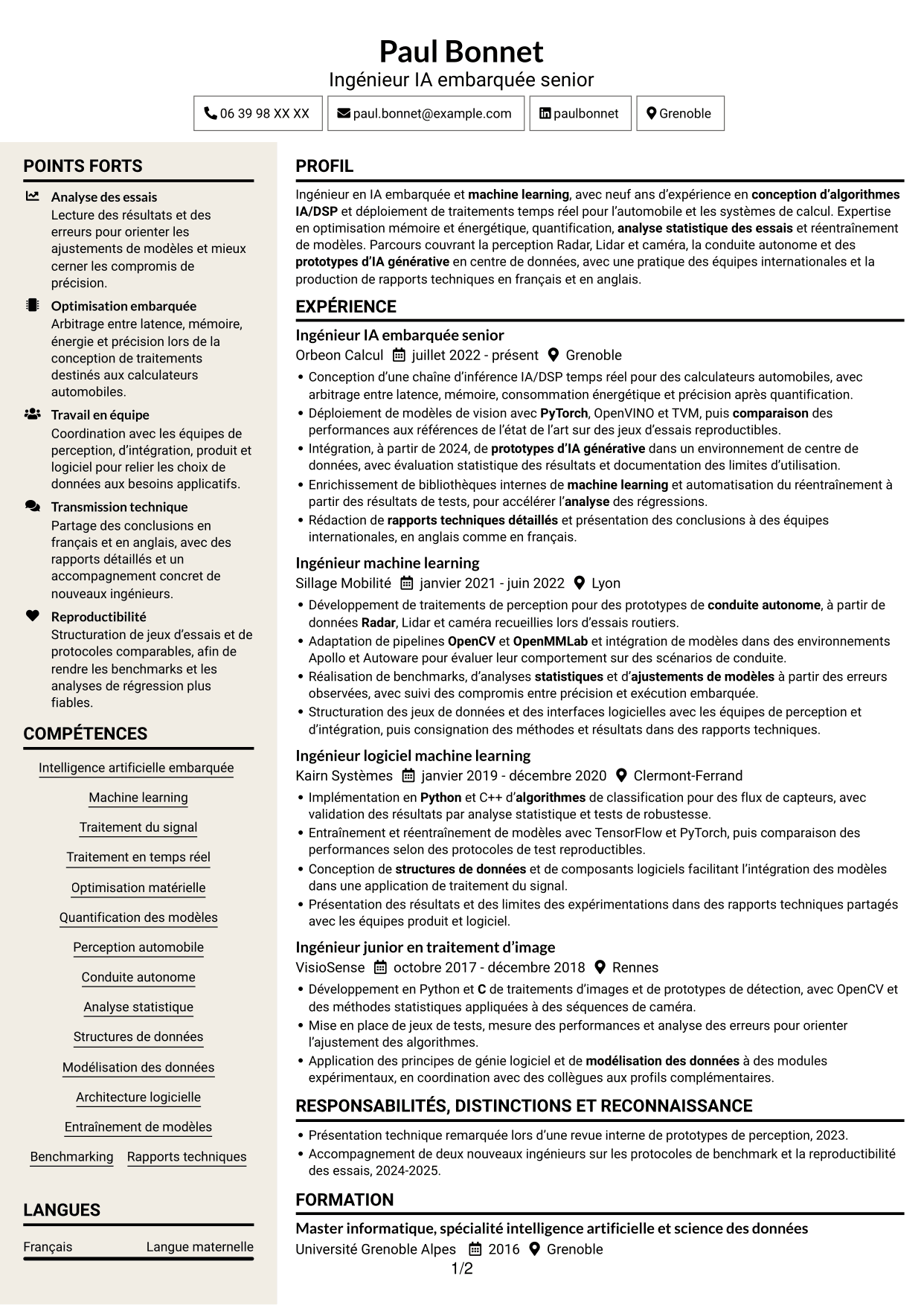 CV Fonceur (format à deux colonnes avec en-tête centré sans photo) : Ingénieur IA embarquée, page 1