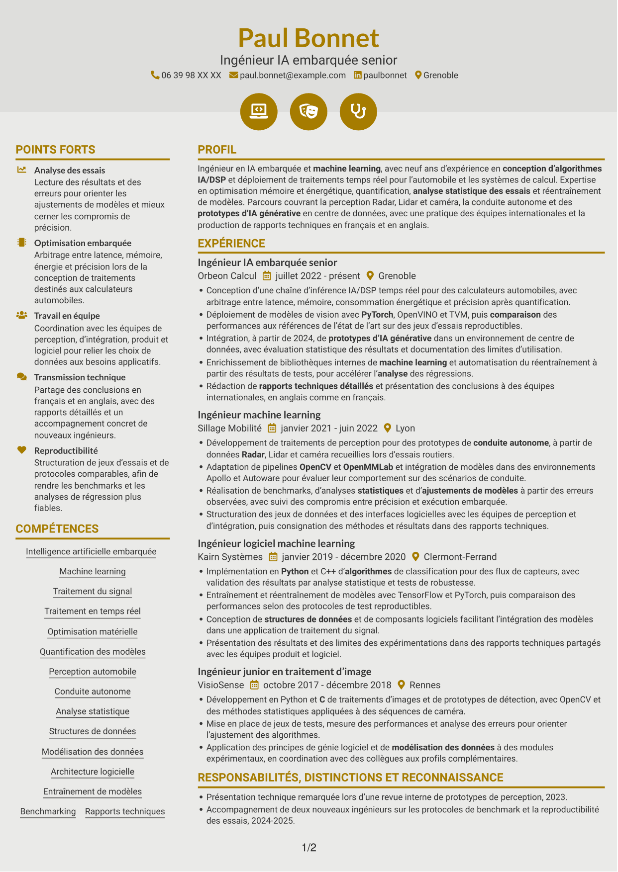 CV Dynamique (format à deux colonnes avec icônes) : Ingénieur IA embarquée, page 1