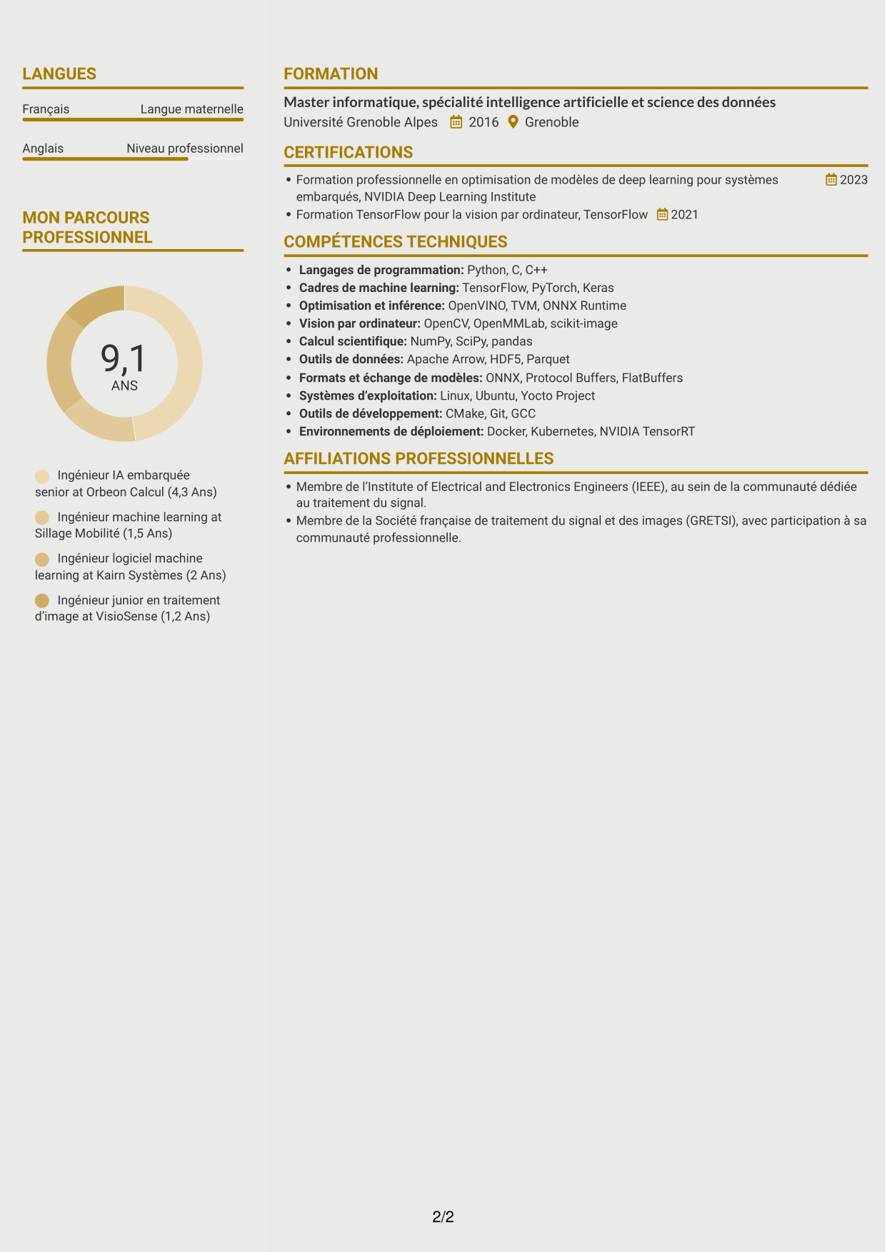 CV Dynamique (format à deux colonnes avec icônes) : Ingénieur IA embarquée, page 2