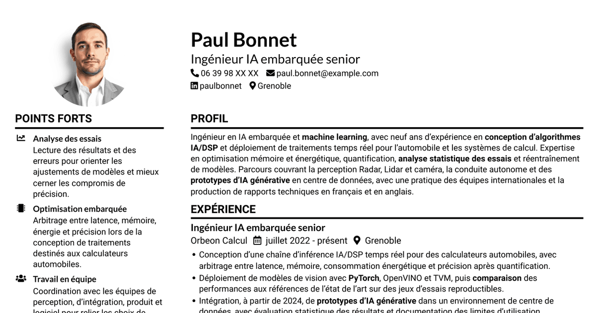 7 modèles de CV pour Ingénieur IA embarquée, avec exemples