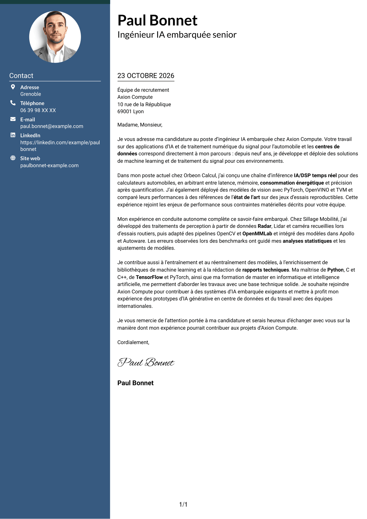 Lettre de motivation Élégant (format à colonne latérale colorée avec photo) : Ingénieur IA embarquée, page 1