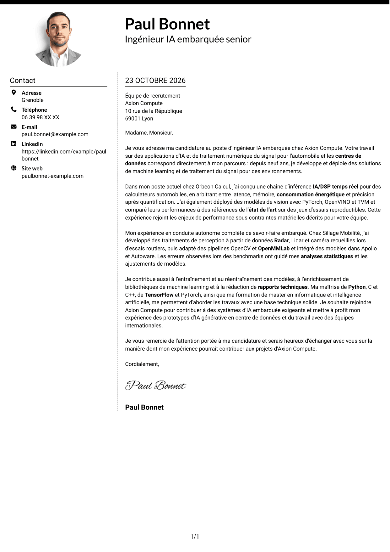 Lettre de motivation Moderne (format à deux colonnes avec photo à gauche et séparateur) : Ingénieur IA embarquée, page 1