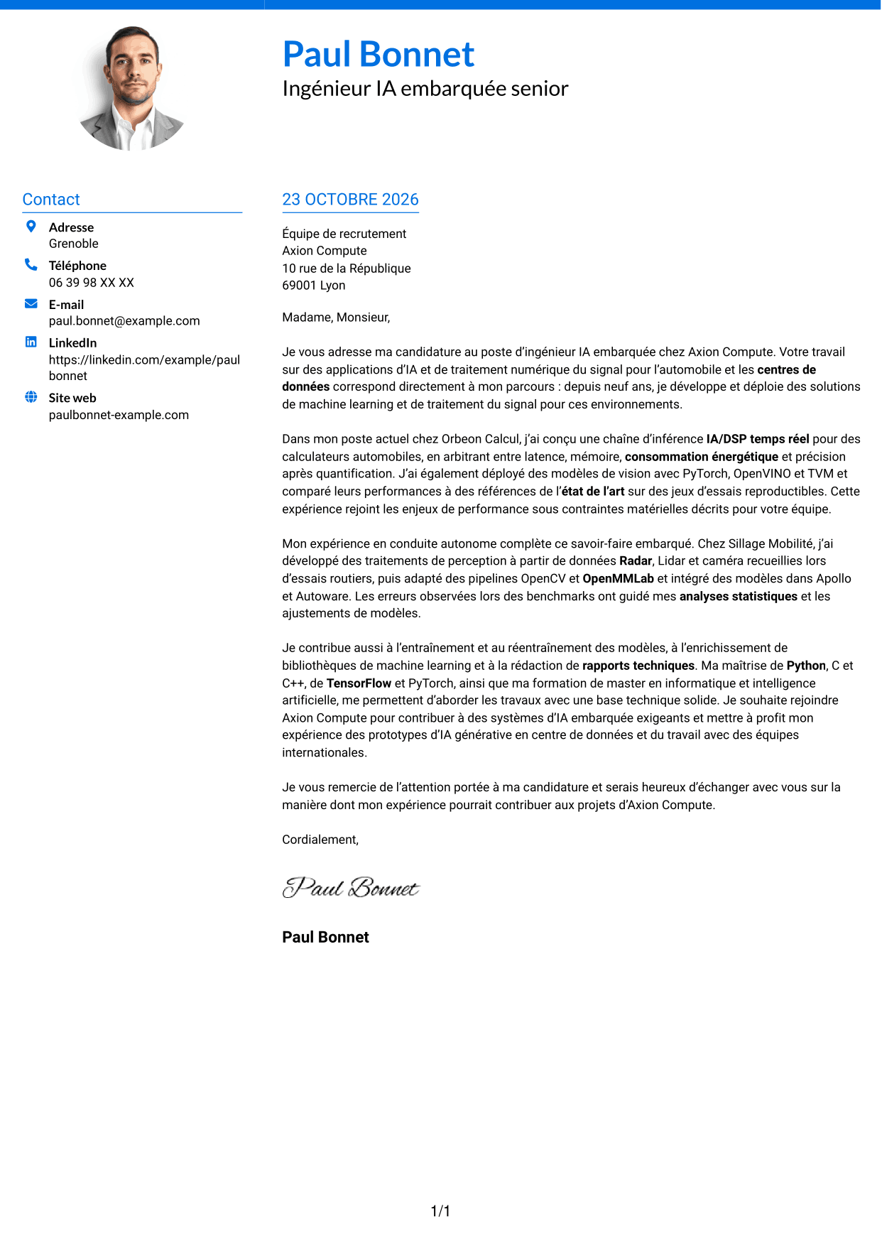 Lettre de motivation Audacieux (format à deux colonnes avec accents colorés et photo) : Ingénieur IA embarquée, page 1
