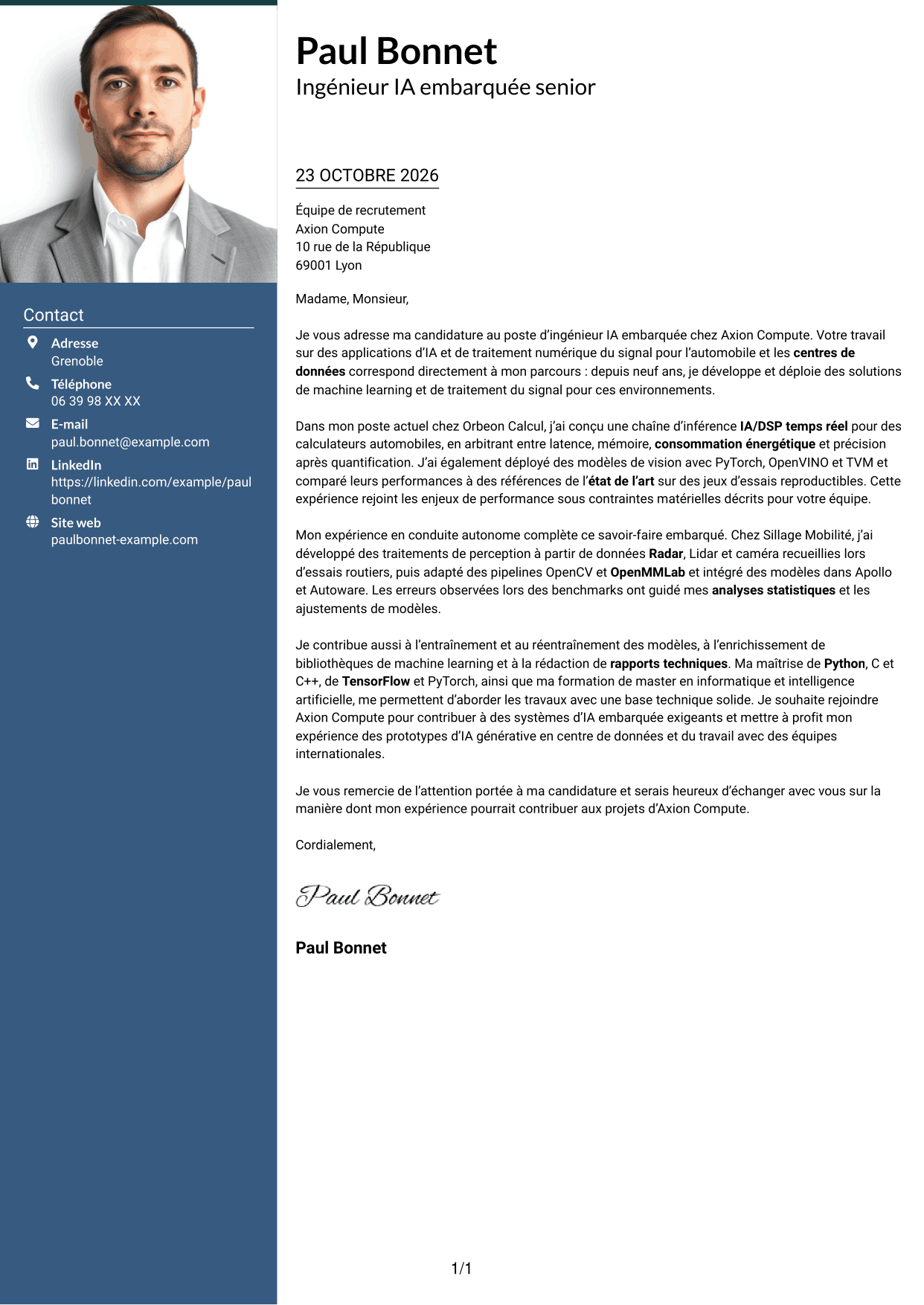 Lettre de motivation Signature (format à colonne latérale colorée avec grande photo) : Ingénieur IA embarquée, page 1