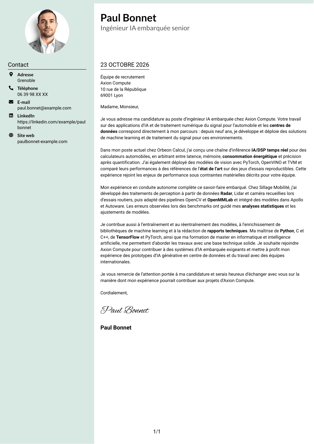 Lettre de motivation Cadre (format à colonne latérale douce avec photo arrondie) : Ingénieur IA embarquée, page 1