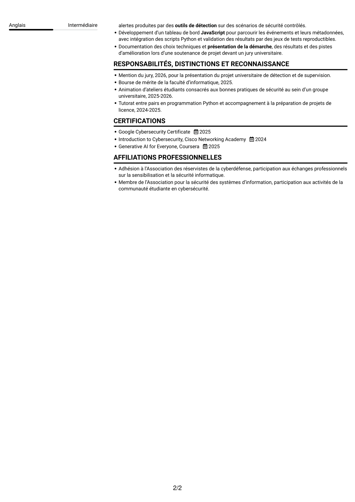 CV Compact (format sobre à deux colonnes avec photo) : Ingénieur IA en cybersécurité, page 2