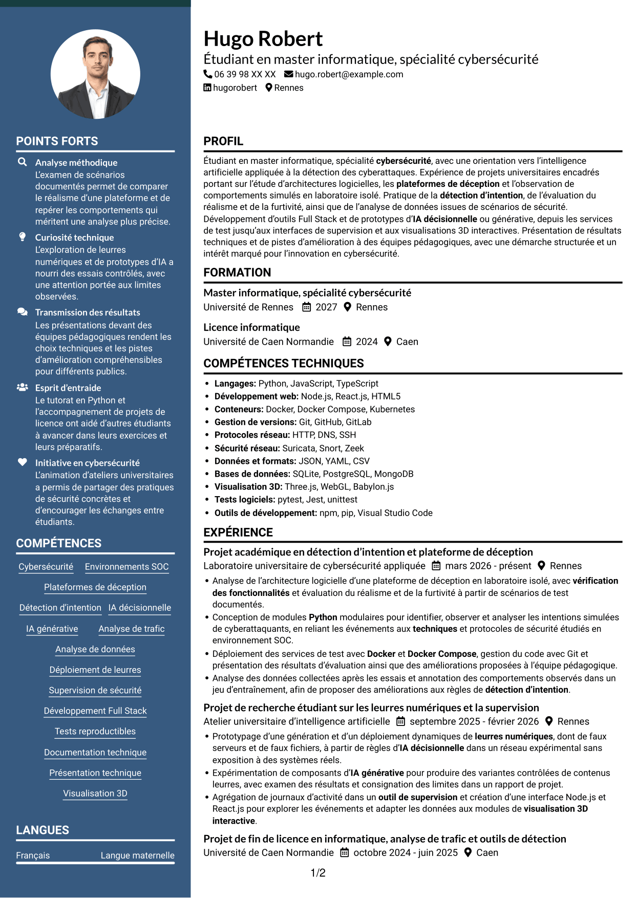 CV Élégant (format à colonne latérale colorée avec photo) : Ingénieur IA en cybersécurité, page 1