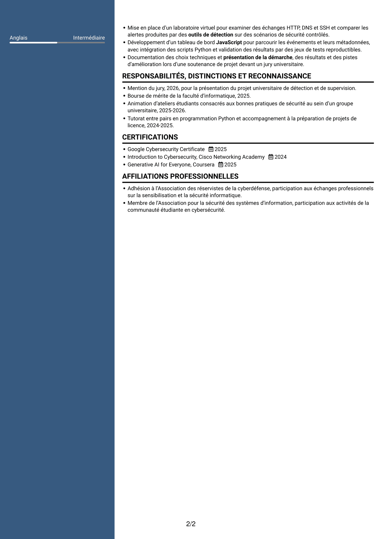 CV Élégant (format à colonne latérale colorée avec photo) : Ingénieur IA en cybersécurité, page 2