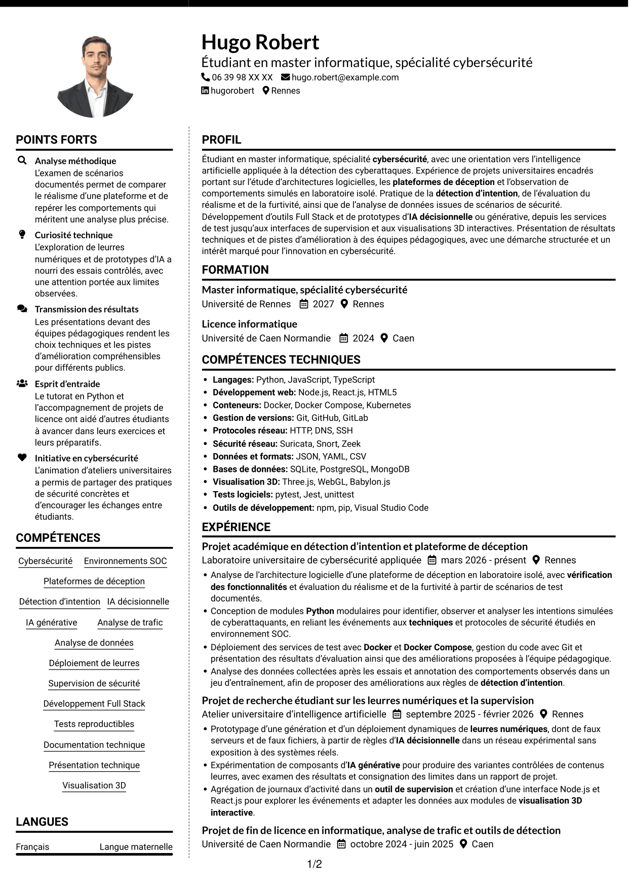CV Moderne (format à deux colonnes avec photo à gauche et séparateur) : Ingénieur IA en cybersécurité, page 1