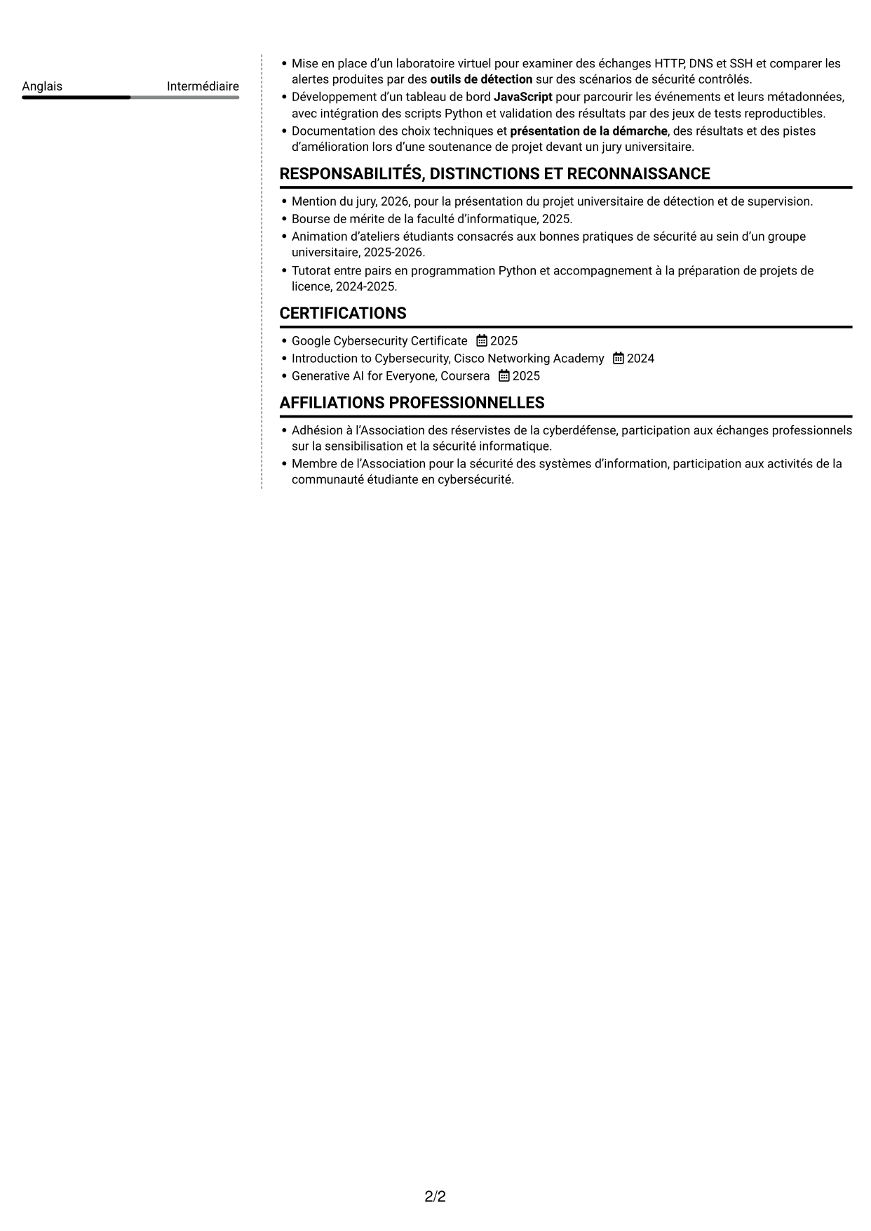 CV Moderne (format à deux colonnes avec photo à gauche et séparateur) : Ingénieur IA en cybersécurité, page 2