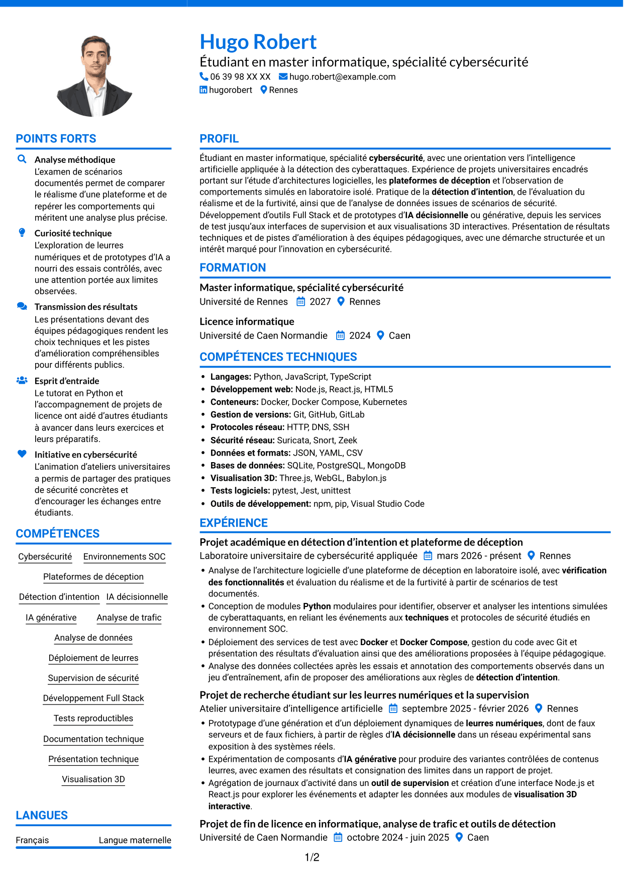 CV Audacieux (format à deux colonnes avec accents colorés et photo) : Ingénieur IA en cybersécurité, page 1